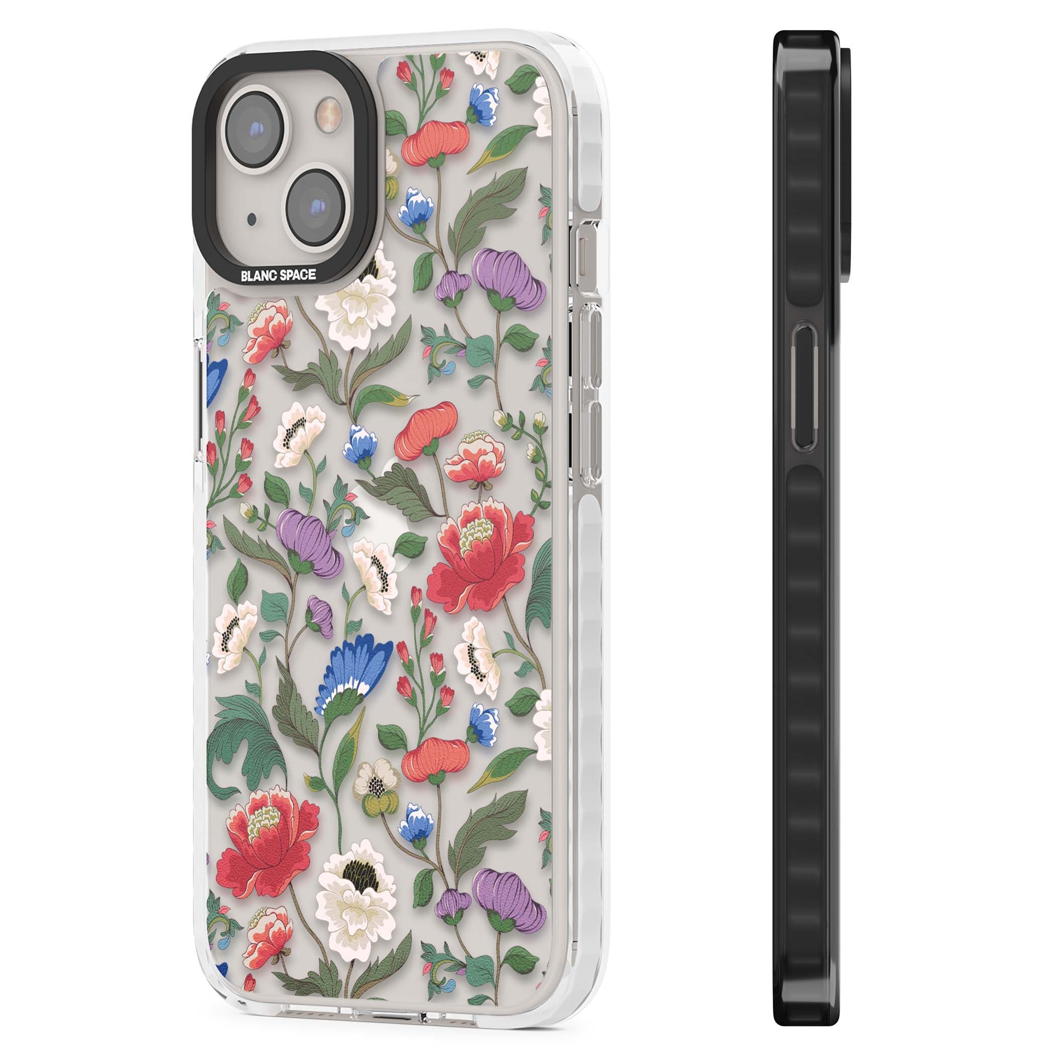 Chinoiserie Bloom vintage floral iPhone case featuring hand-painted peonies, poppies and trailing wildflowers on clear... | Clear Impact case for iPhone 13, iPhone 14, iPhone 15