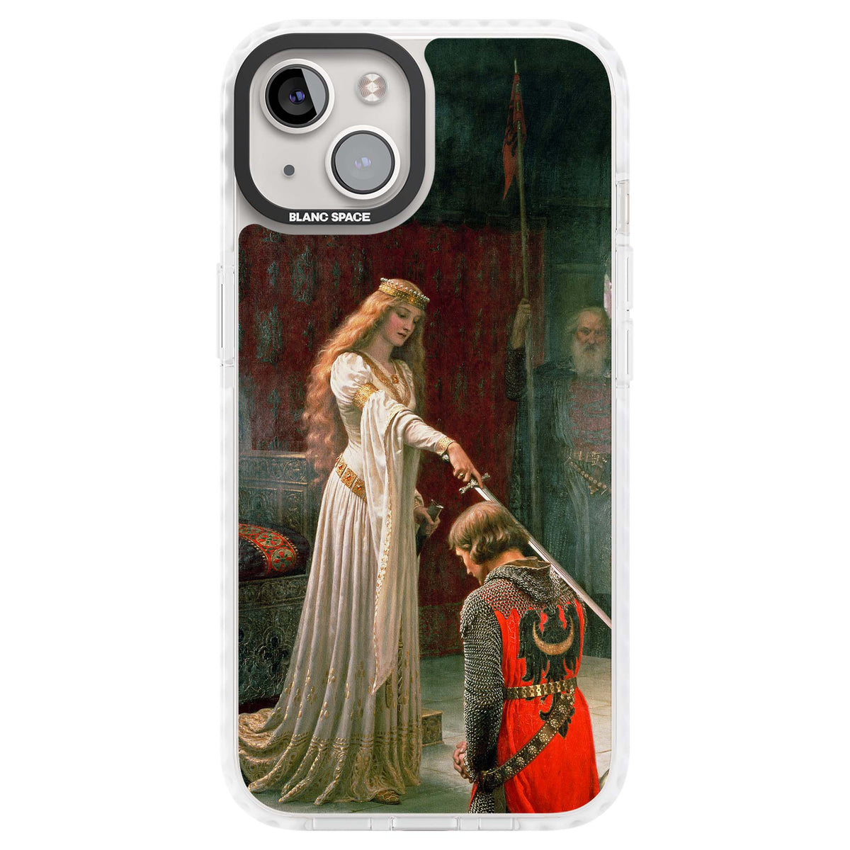 The Accolade renaissance art iPhone case featuring Edmund Blair Leighton's painting of a queen knighting a kneeling knight | Clear Impact case for iPhone 13, iPhone 14, iPhone 15