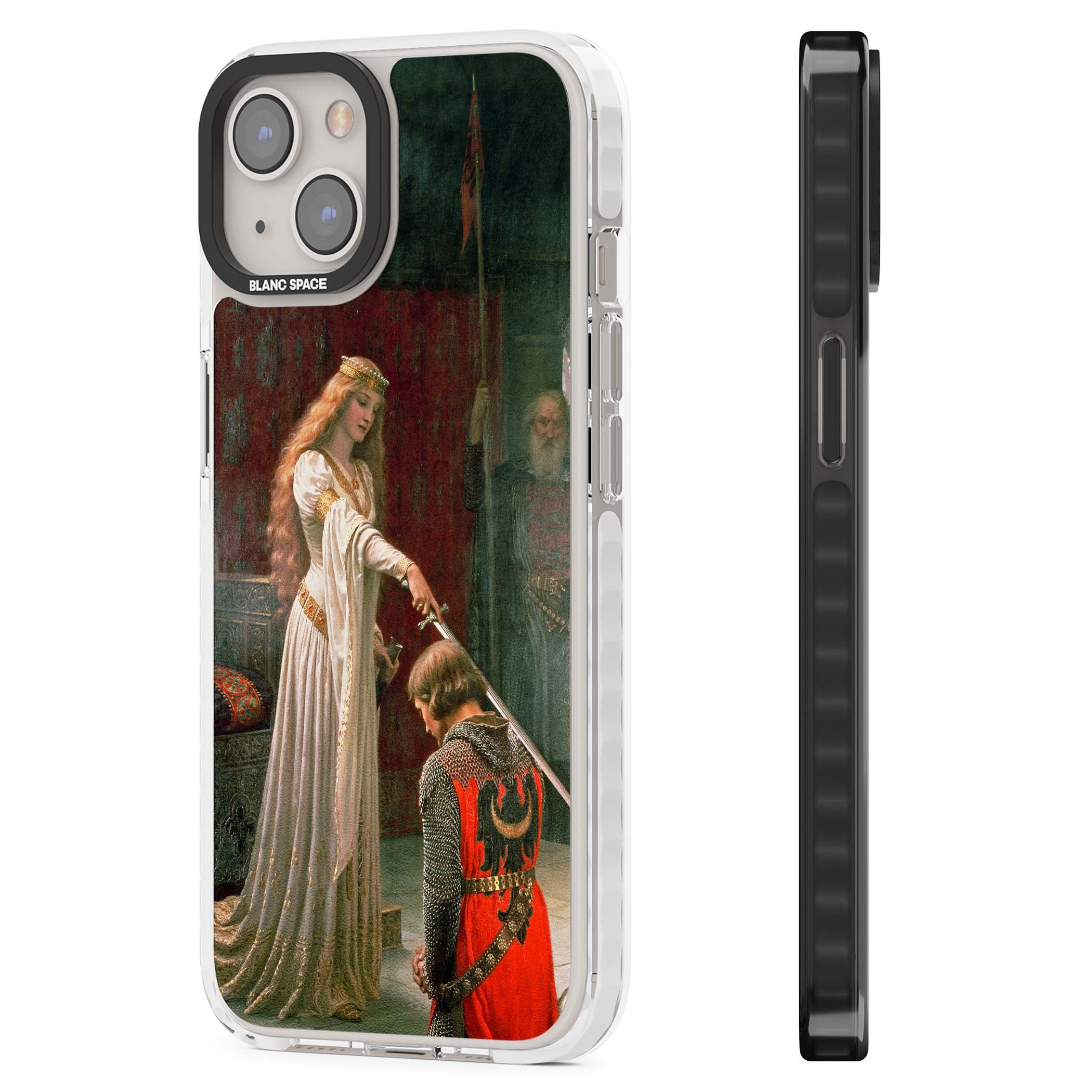 The Accolade renaissance art iPhone case featuring Edmund Blair Leighton's painting of a queen knighting a kneeling knight | Clear Impact case for iPhone 13, iPhone 14, iPhone 15