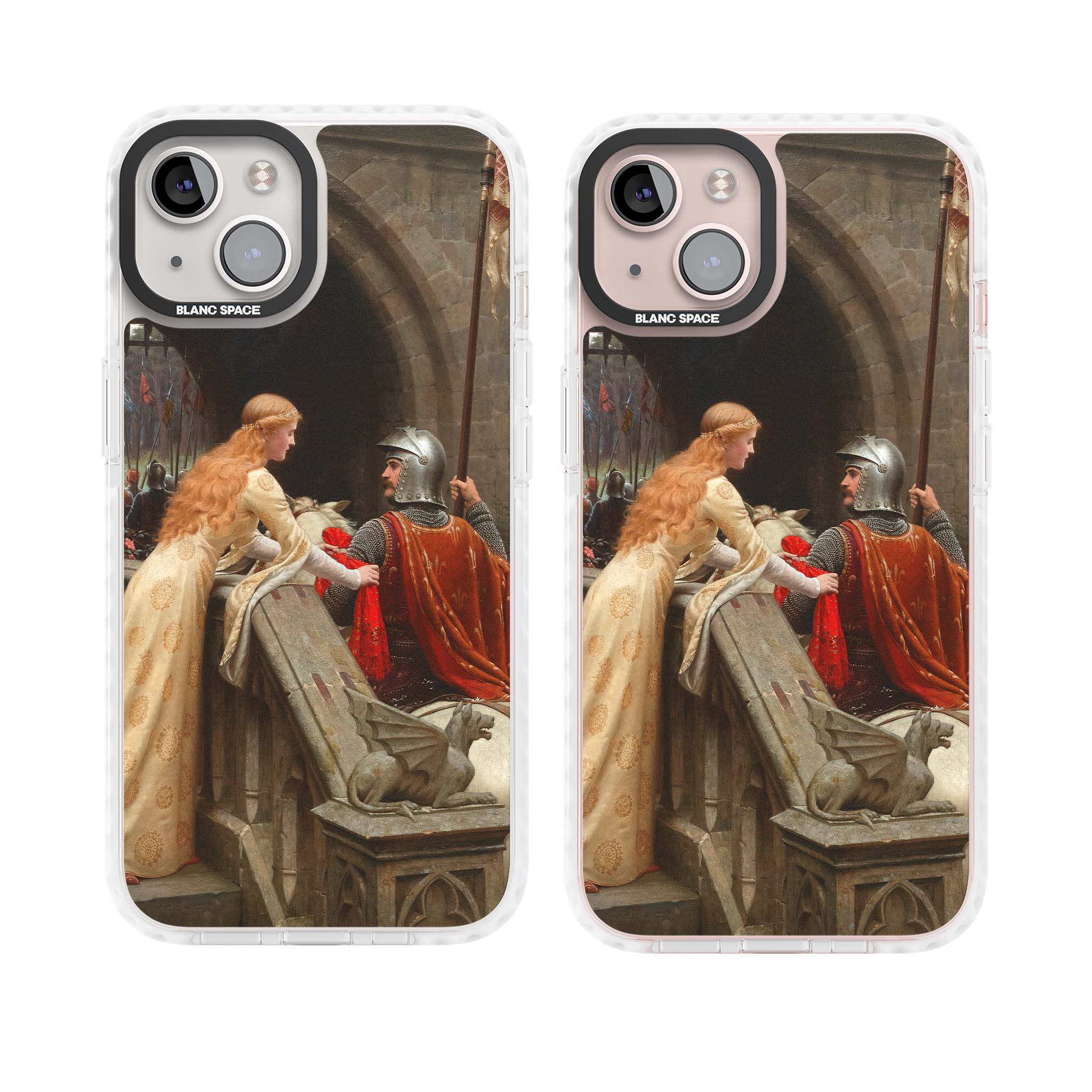 God Speed fine art iPhone case featuring Edmund Blair Leighton's medieval knight and lady beneath a stone archway | Clear Impact case for iPhone 13, iPhone 14, iPhone 15