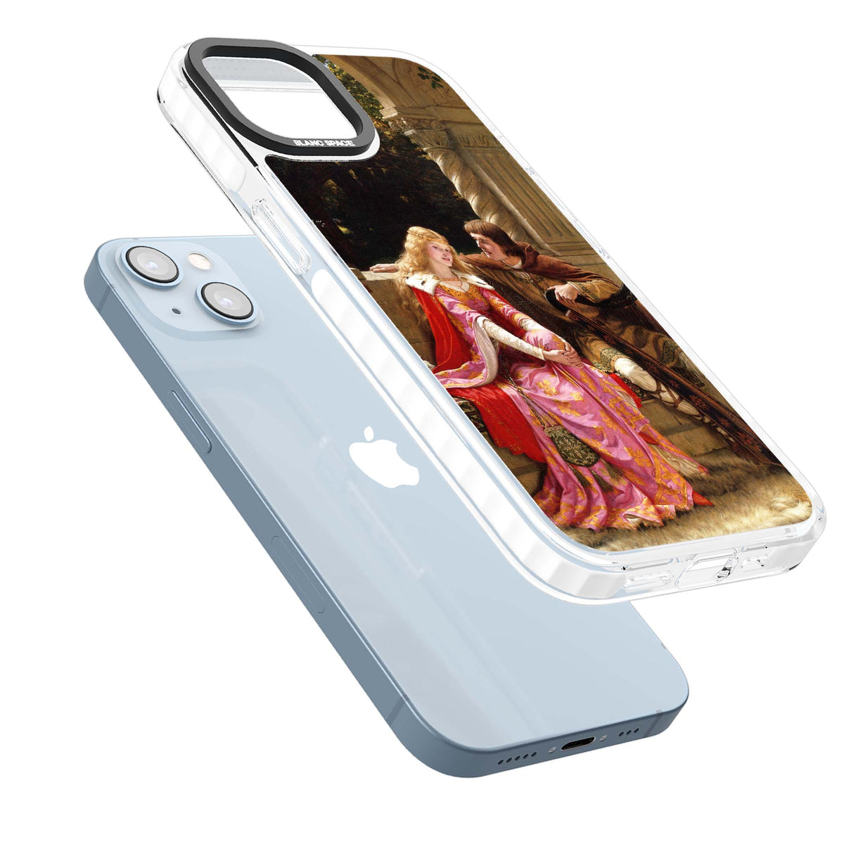 The End of the Song classic art iPhone case featuring a medieval lady in pink gown and her knight in a stone archway | Clear Impact case for iPhone 13, iPhone 14, iPhone 15