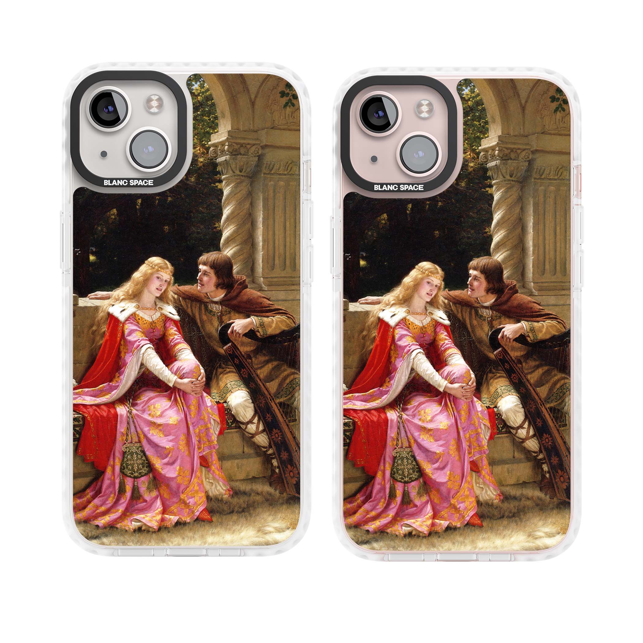 The End of the Song classic art iPhone case featuring a medieval lady in pink gown and her knight in a stone archway | Clear Impact case for iPhone 13, iPhone 14, iPhone 15