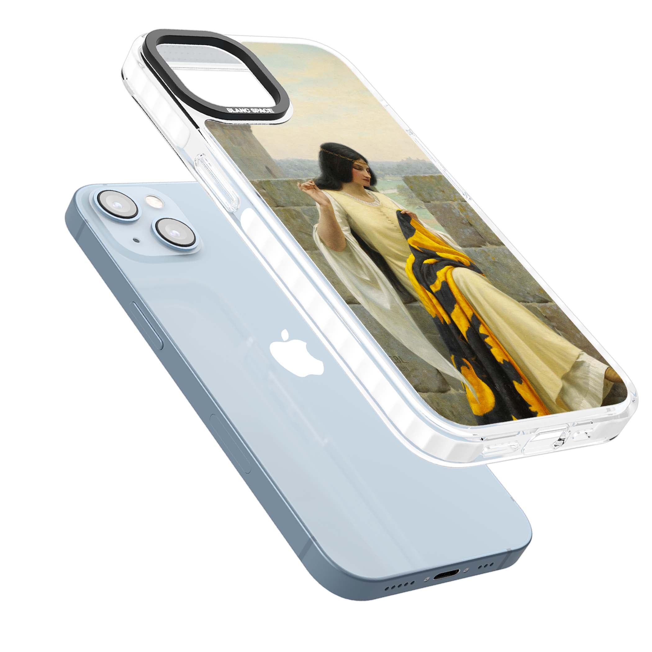 Stitching the Standard renaissance art iPhone case featuring a medieval lady sewing a golden banner on a castle wall | Clear Impact case for iPhone 13, iPhone 14, iPhone 15