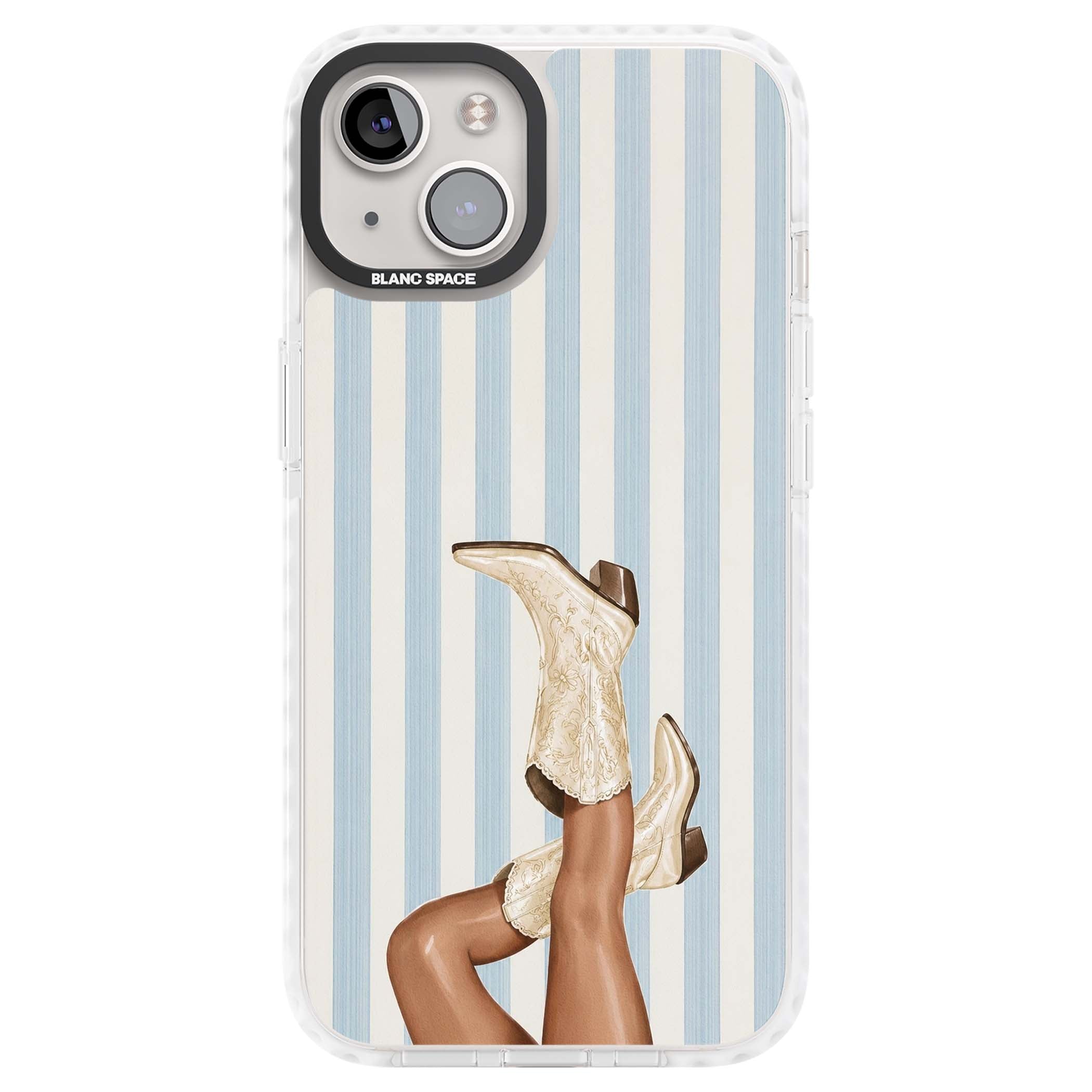 Cowgirl Boots coastal cowgirl iPhone case featuring embroidered western boots, tanned legs and a blue stripe backdrop | Clear Impact case for iPhone 13, iPhone 14, iPhone 15