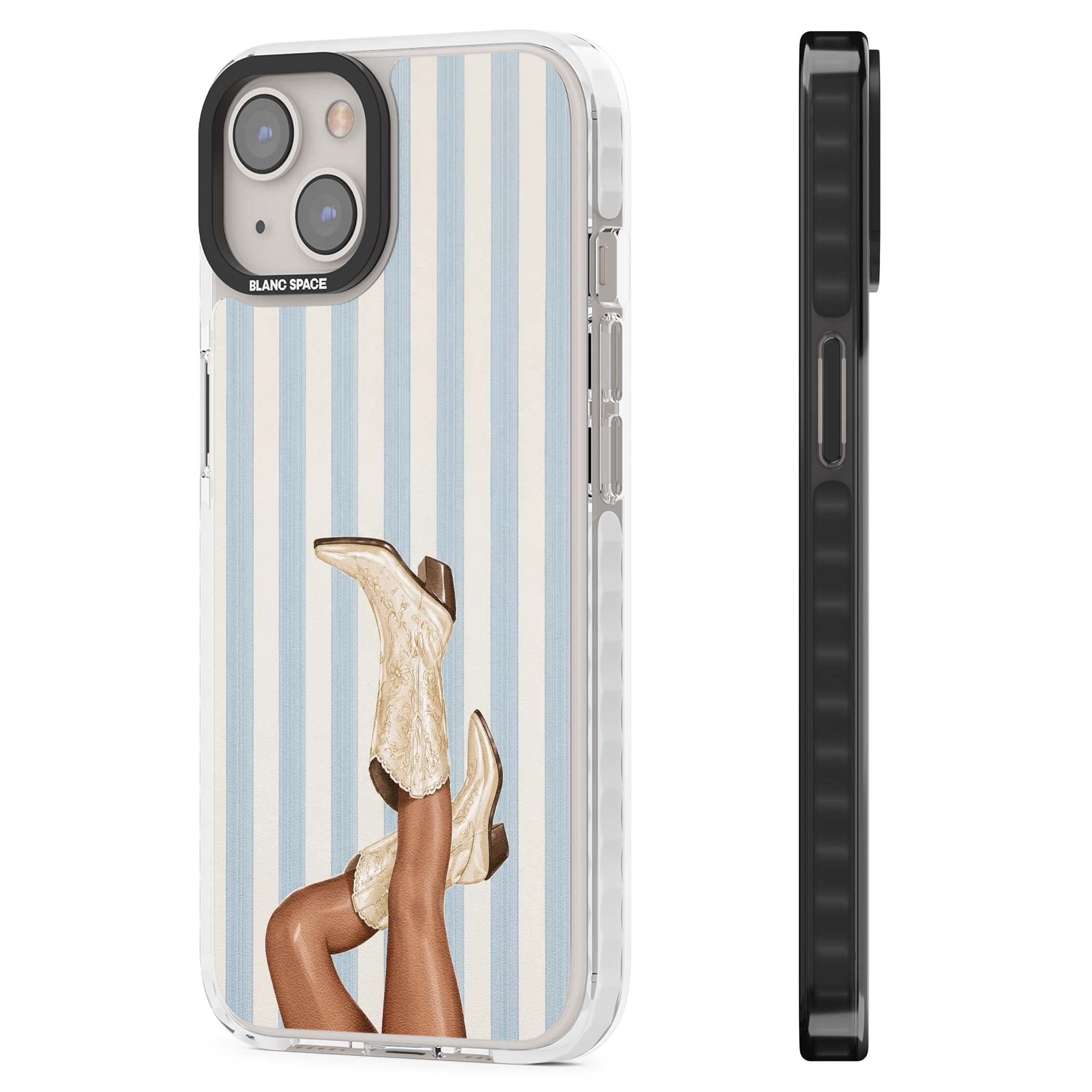 Cowgirl Boots coastal cowgirl iPhone case featuring embroidered western boots, tanned legs and a blue stripe backdrop | Clear Impact case for iPhone 13, iPhone 14, iPhone 15