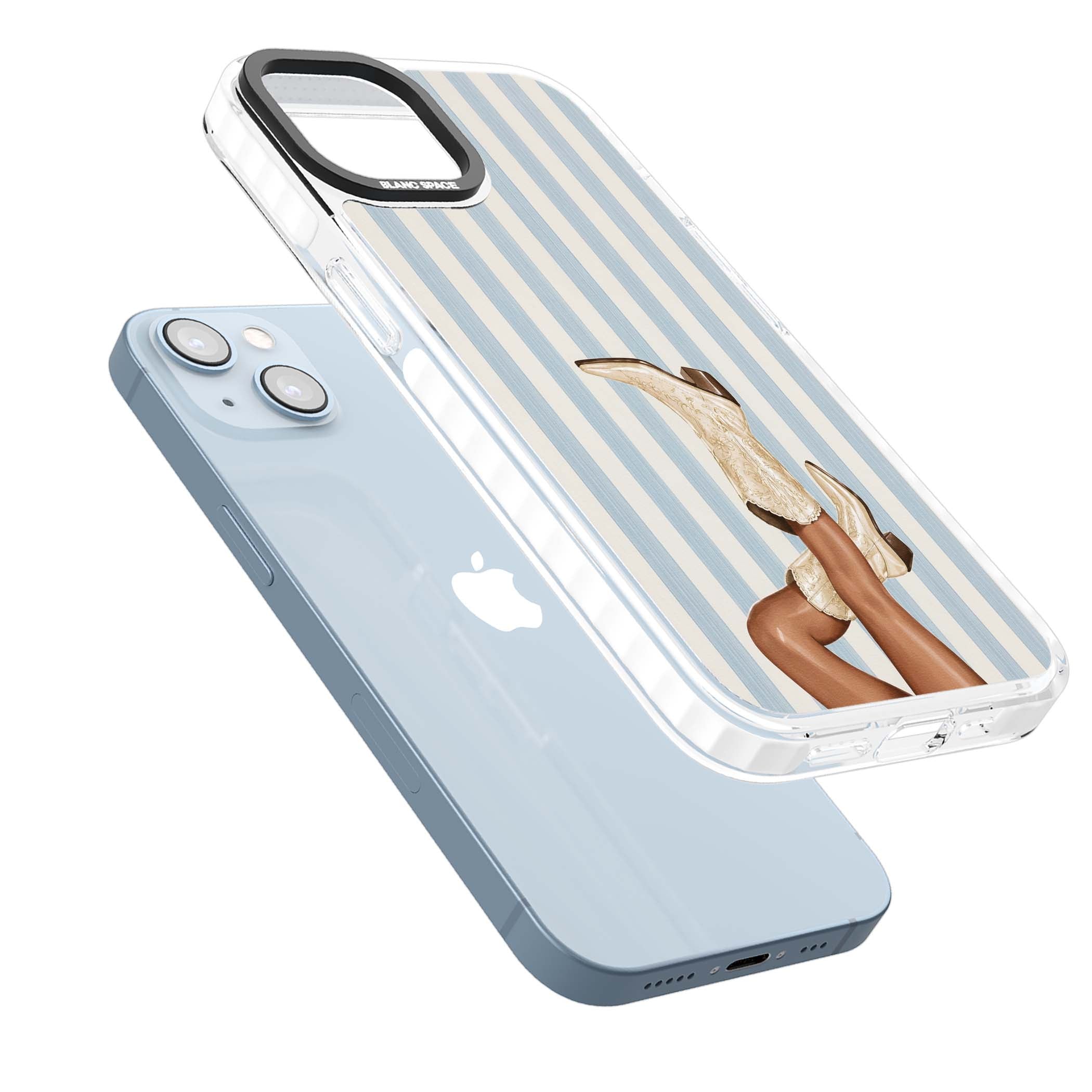Cowgirl Boots coastal cowgirl iPhone case featuring embroidered western boots, tanned legs and a blue stripe backdrop | Clear Impact case for iPhone 13, iPhone 14, iPhone 15