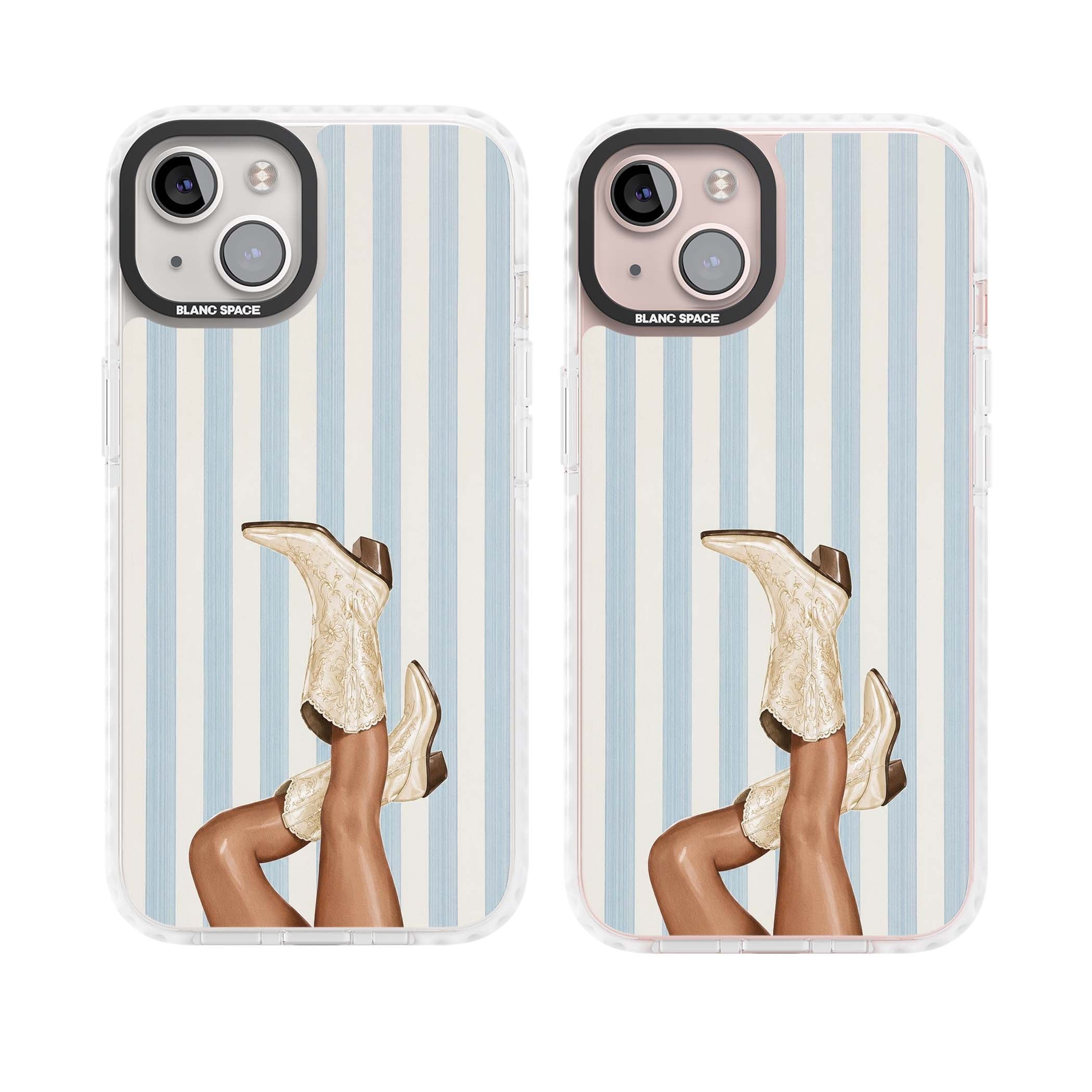 Cowgirl Boots coastal cowgirl iPhone case featuring embroidered western boots, tanned legs and a blue stripe backdrop | Clear Impact case for iPhone 13, iPhone 14, iPhone 15