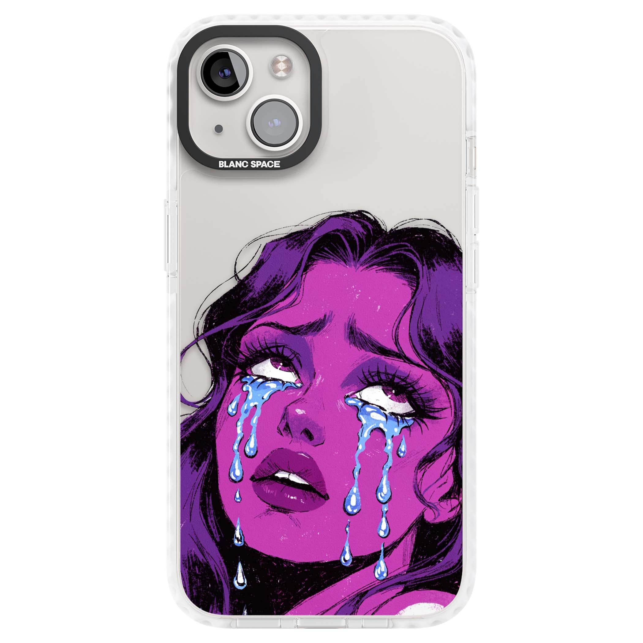 Drama Queen pop art iPhone case featuring a purple crying comic girl with blue tears | Clear Impact case for iPhone 13, iPhone 14, iPhone 15