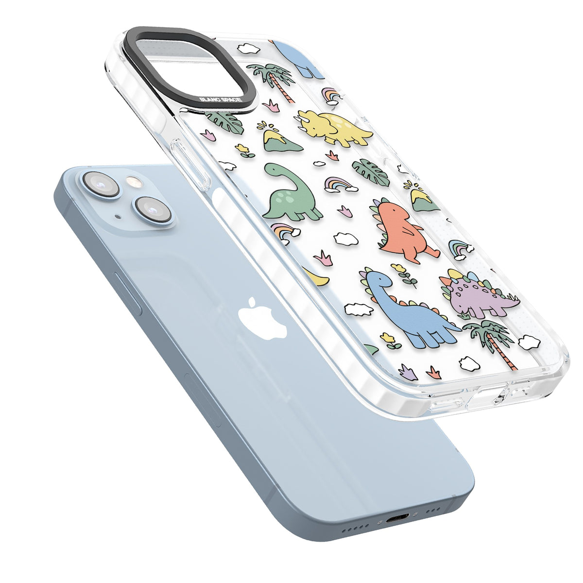 Cute Dino Pattern iPhone 12 / 12 Pro / iPhone 13 / iPhone 14 / iPhone 14 Plus / iPhone 15 / iPhone 15 Plus Impact Clear Phone Case angled