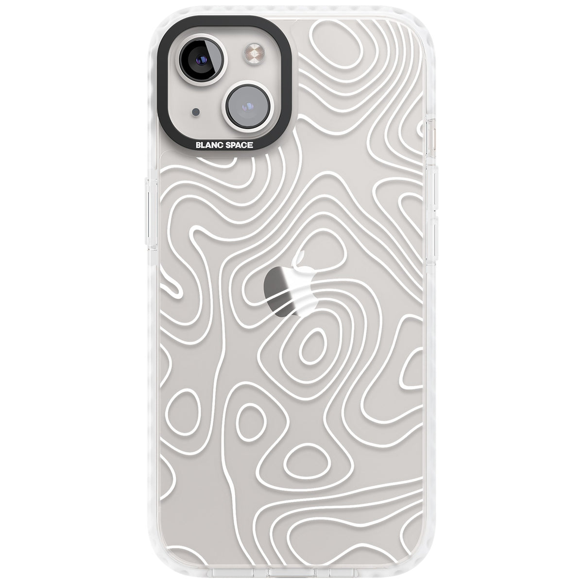 White Damascus Steel abstract iPhone case featuring white topographic contour lines on a clear back with a black bumper iPhone 12 / 12 Pro / iPhone 12 / iPhone 12 Pro / iPhone 13 / iPhone 14 / iPhone 14 Plus / iPhone 15 / iPhone 15 Plus Impact Clear Phone Case front