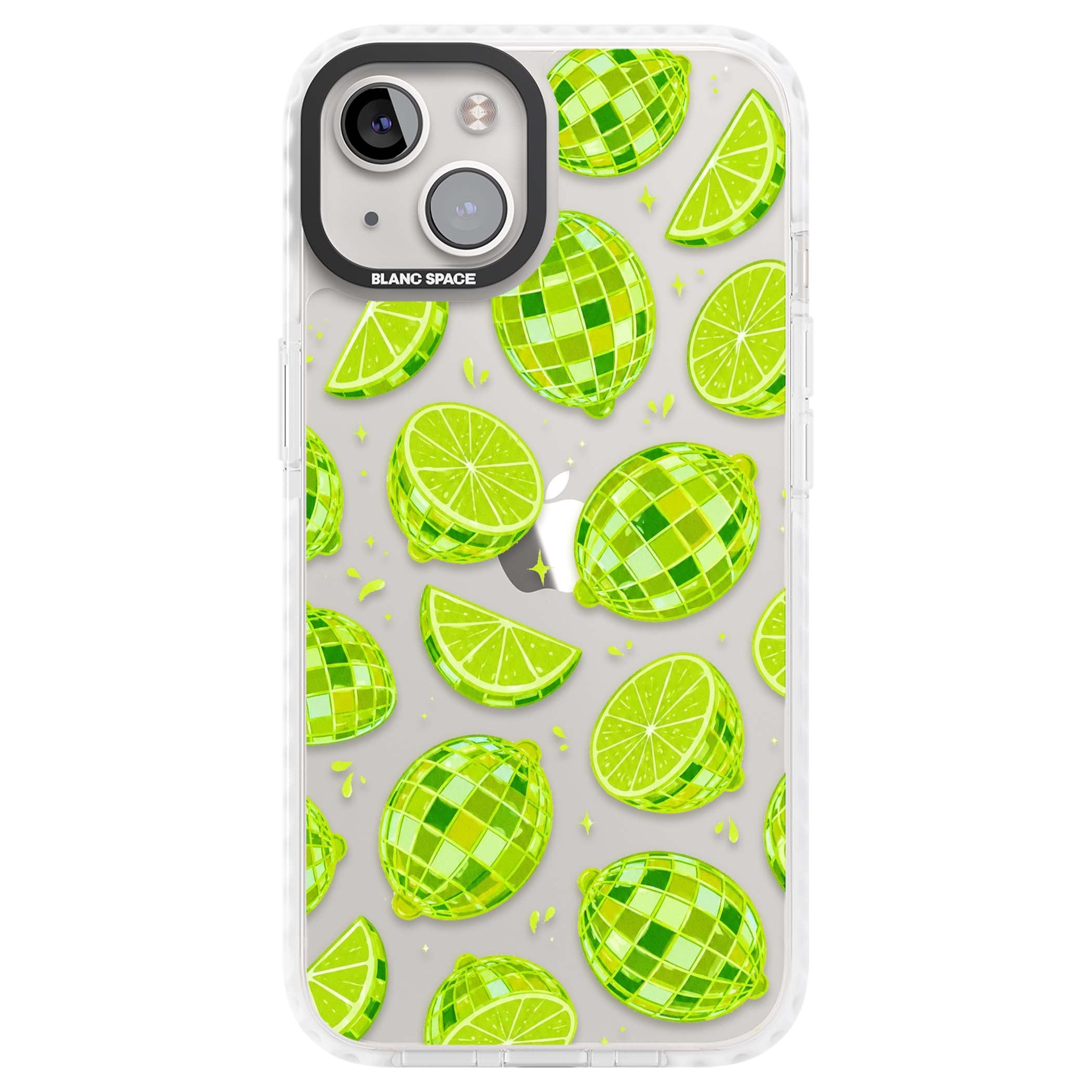 Disco Limes fruit aesthetic iPhone case featuring green disco balls, lime slices and citrus sparkles | Clear Impact case for iPhone 13, iPhone 14, iPhone 15
