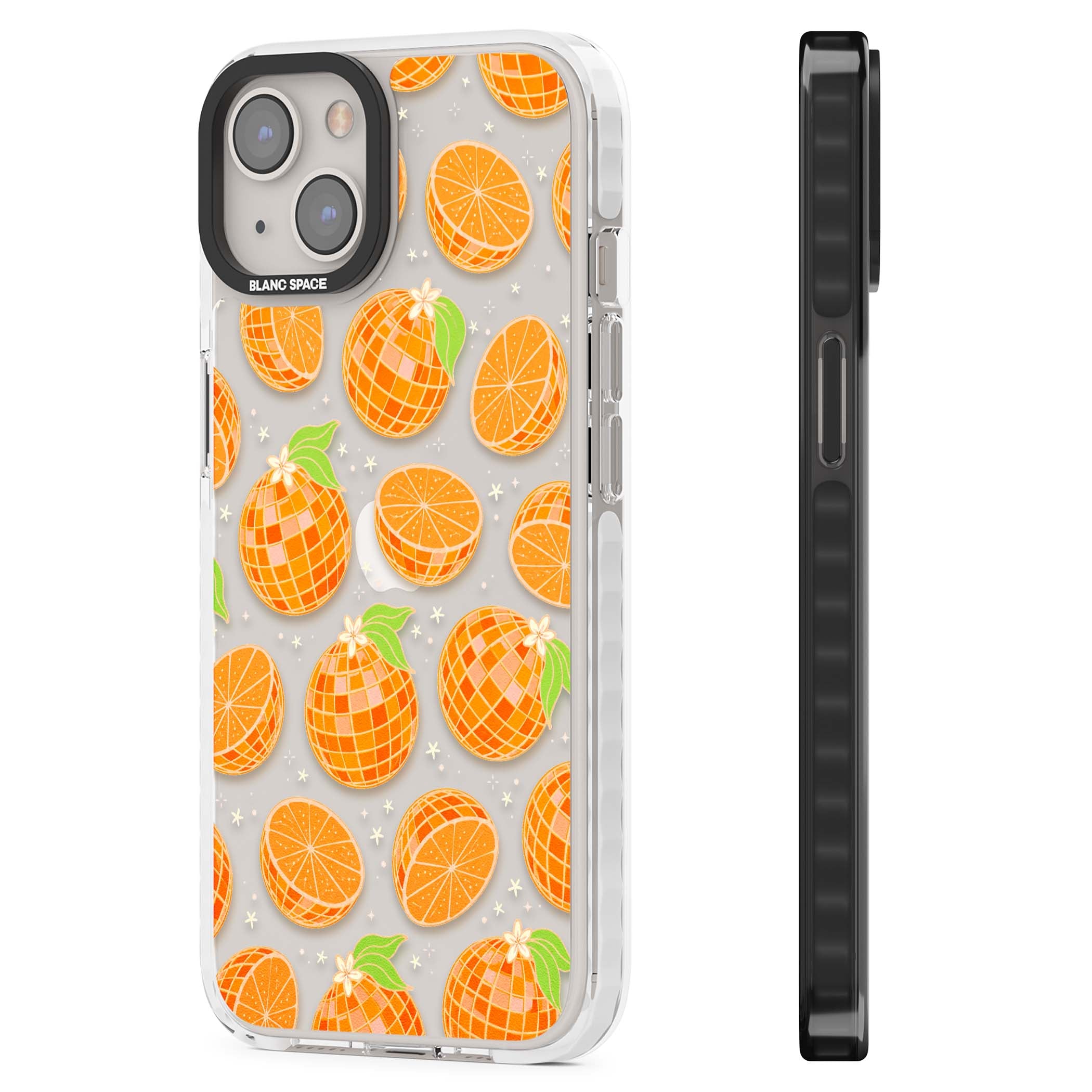 Disco Oranges retro iPhone case featuring mirrorball oranges, citrus slices and tiny blossoms on clear | Clear Impact case for iPhone 13, iPhone 14, iPhone 15