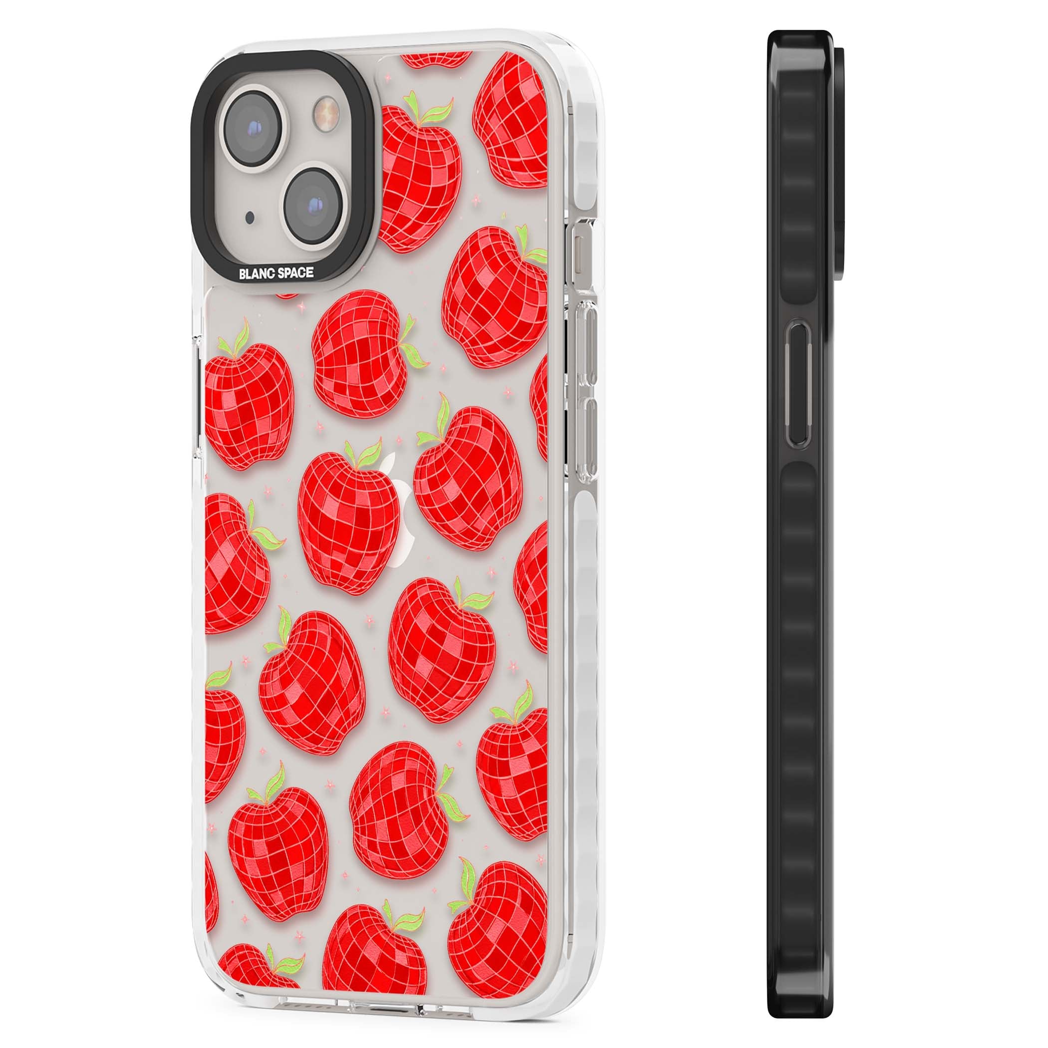 Disco Apples Y2K iPhone case featuring red disco ball apples, green leaves and pink sparkles on clear | Clear Impact case for iPhone 13, iPhone 14, iPhone 15