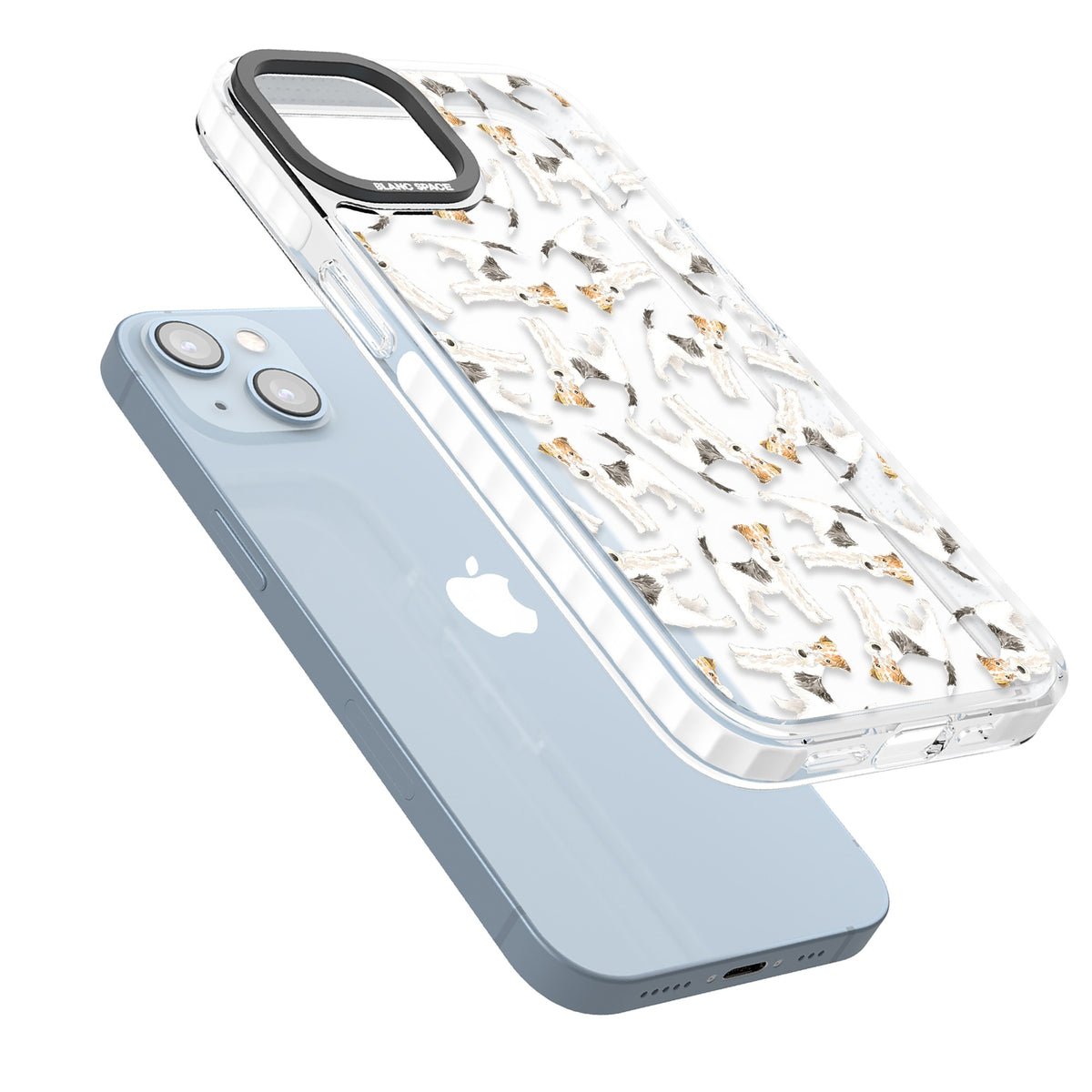 Wire Haired Fox Terrier Dog Pattern iPhone 12 / 12 Pro / iPhone 13 / iPhone 14 / iPhone 14 Plus / iPhone 15 / iPhone 15 Plus Impact Clear Phone Case angled