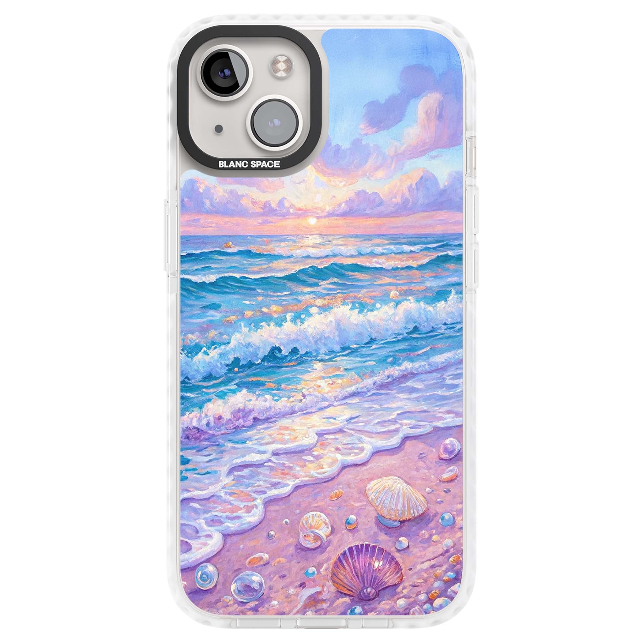Pearl Shore coastal iPhone case featuring pastel painted waves, seashells, and a sunrise sky over a lavender beach. | Clear Impact case for iPhone 13, iPhone 14, iPhone 15