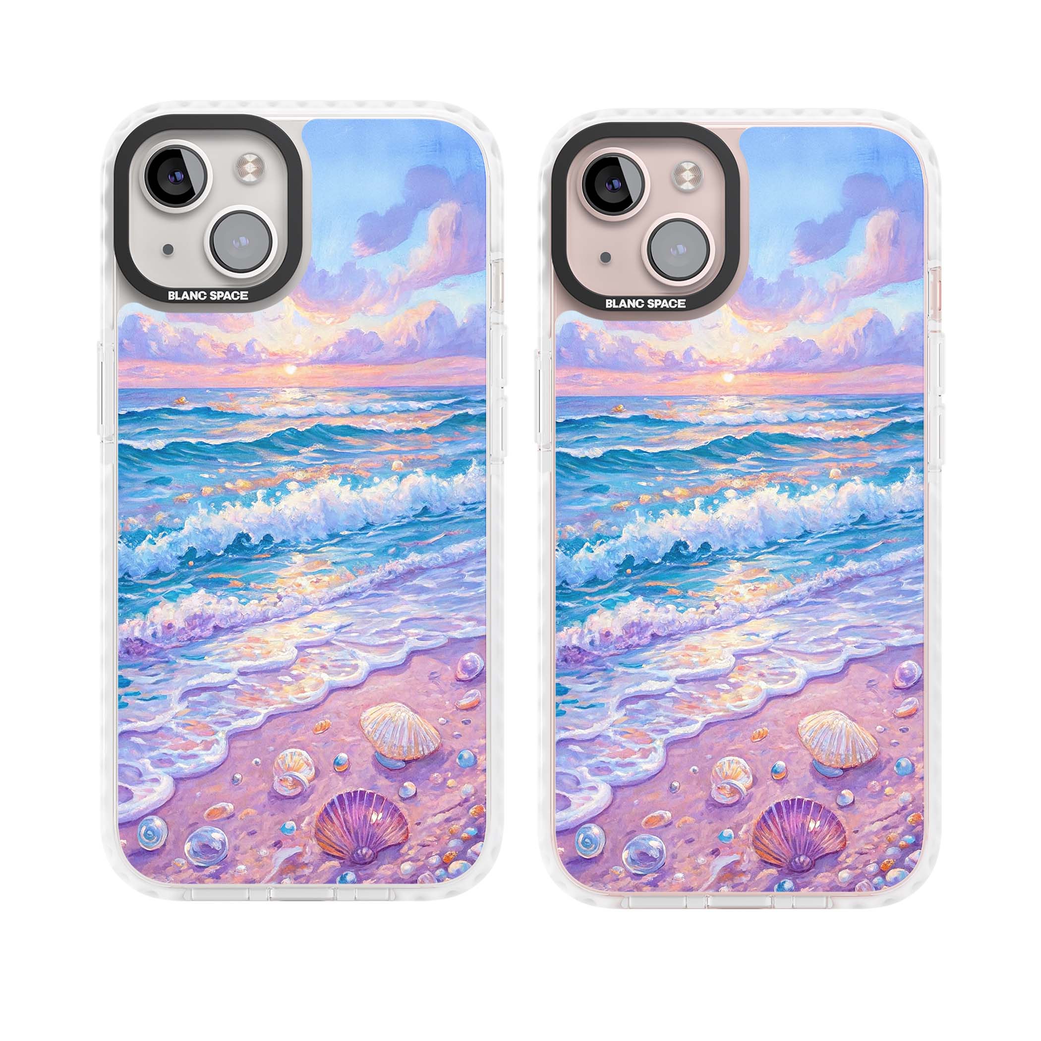 Pearl Shore coastal iPhone case featuring pastel painted waves, seashells, and a sunrise sky over a lavender beach. | Clear Impact case for iPhone 13, iPhone 14, iPhone 15