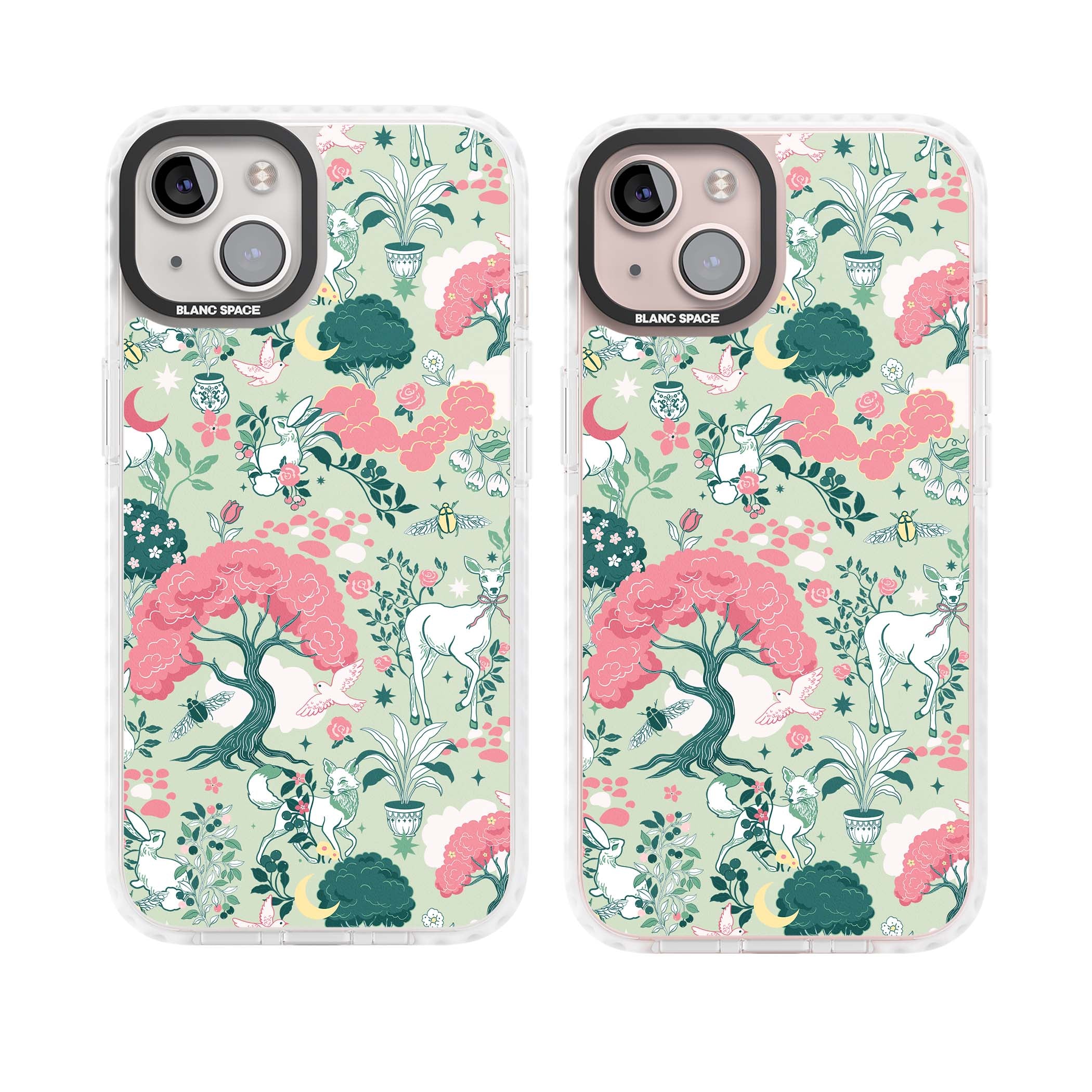 Enchanted Woodland cottagecore iPhone case featuring white deer, pink roses, mushrooms and woodland animals on sage green | Clear Impact case for iPhone 13, iPhone 14, iPhone 15