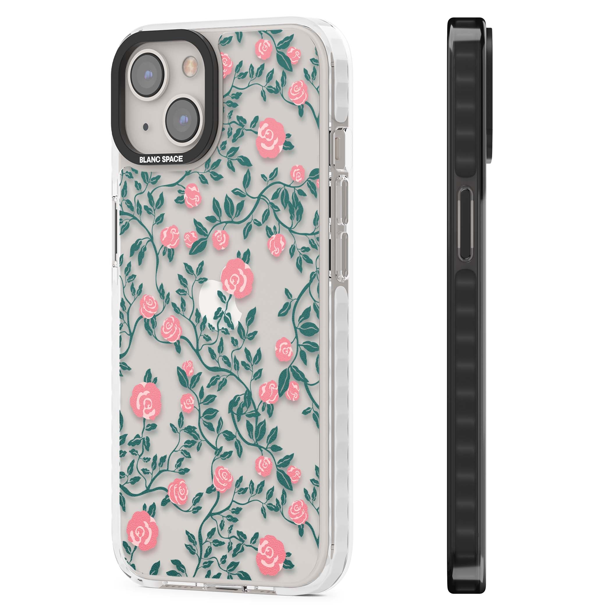 Rose Trellis (Clear) cottagecore iPhone case featuring pink climbing roses and green leaves on clear background | Clear Impact case for iPhone 13, iPhone 14, iPhone 15