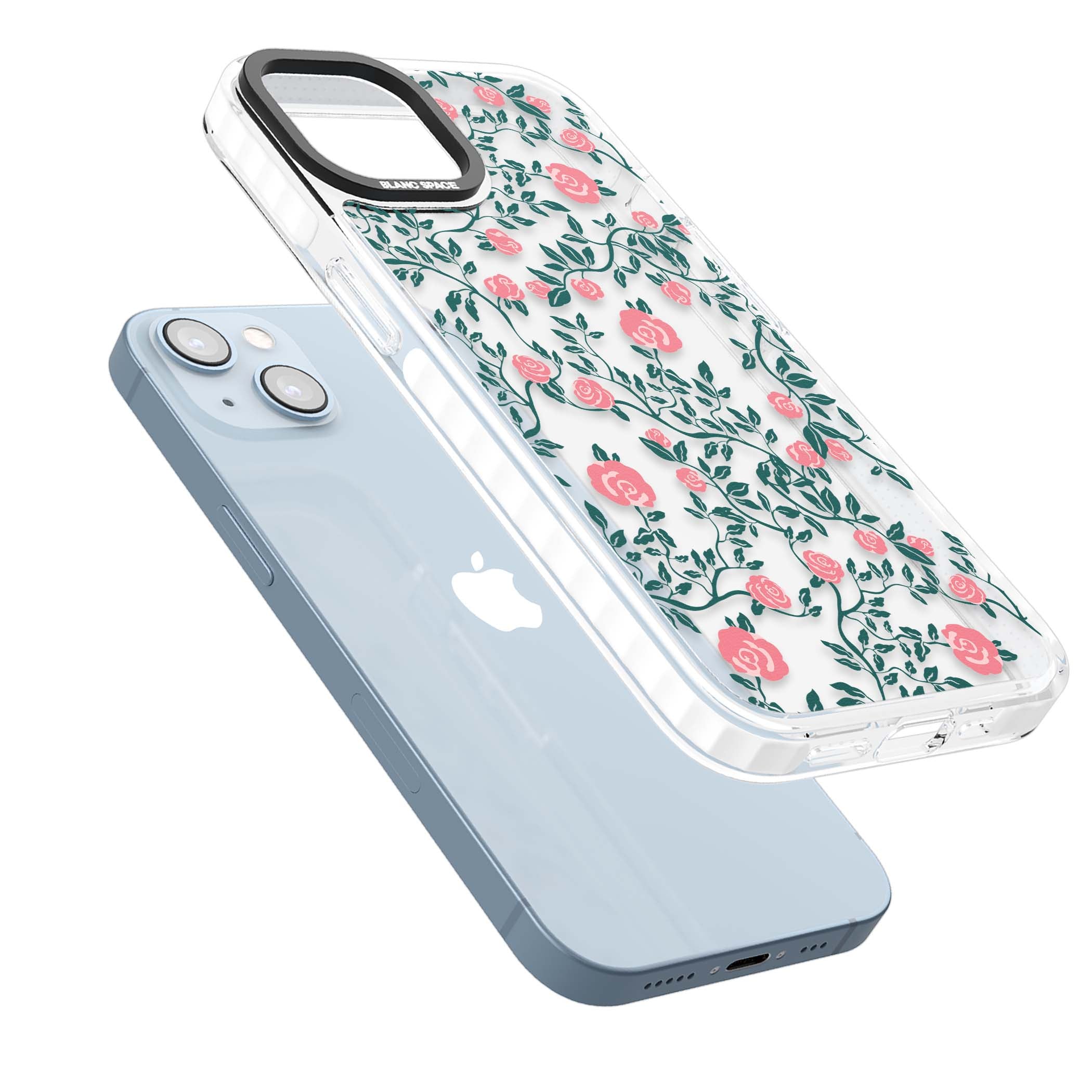 Rose Trellis (Clear) cottagecore iPhone case featuring pink climbing roses and green leaves on clear background | Clear Impact case for iPhone 13, iPhone 14, iPhone 15