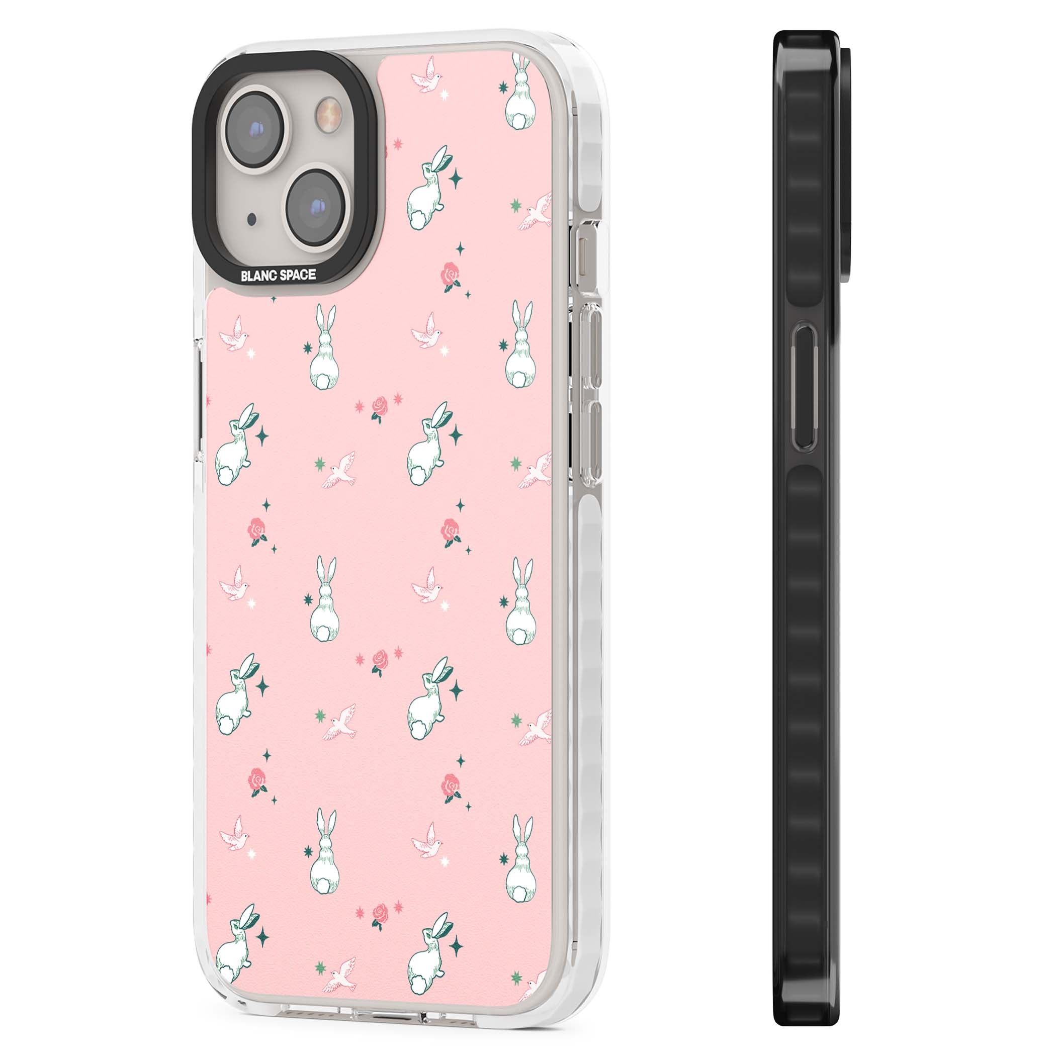 Bunny Garden kawaii iPhone case featuring white rabbits, pink roses, doves and stars on pink background | Clear Impact case for iPhone 13, iPhone 14, iPhone 15