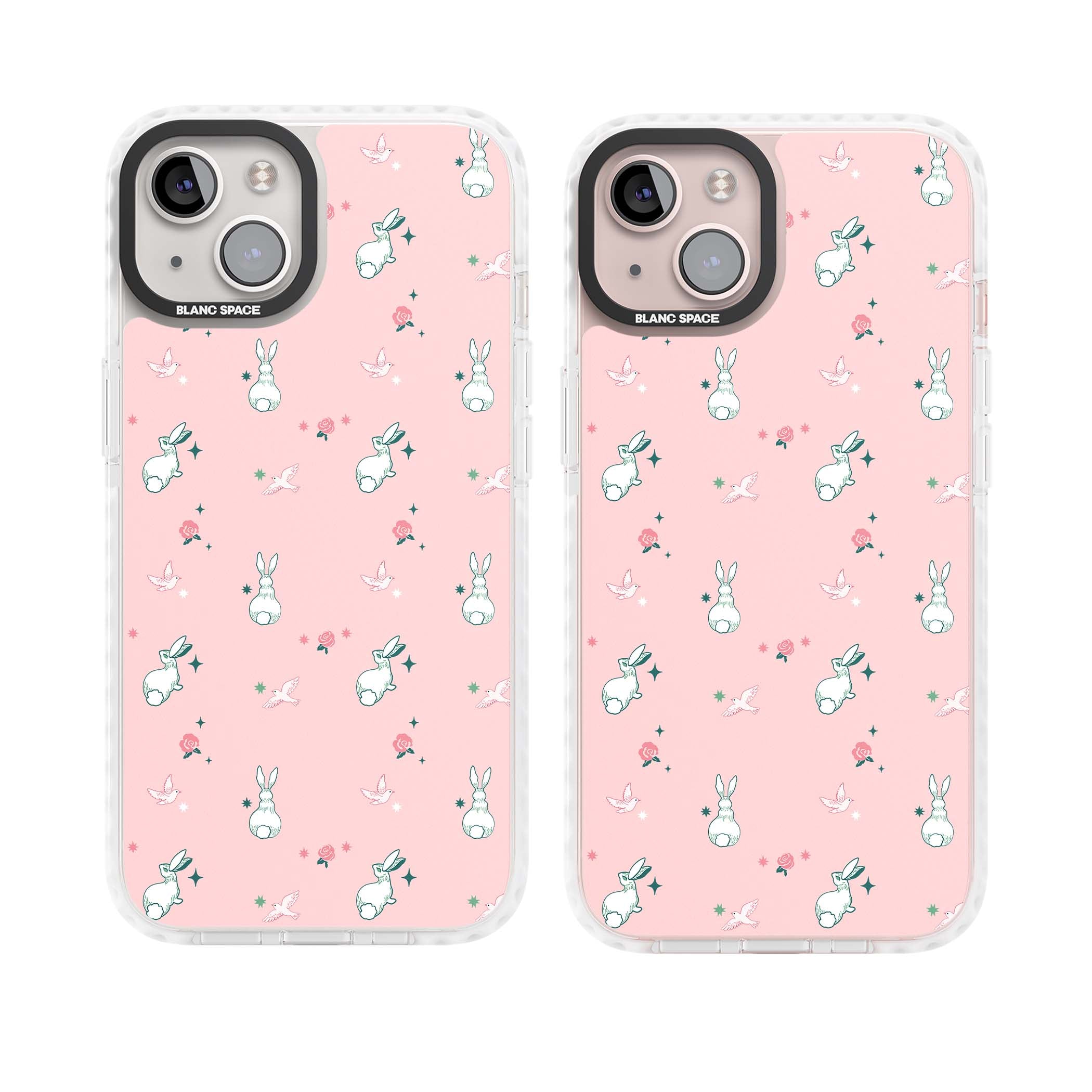 Bunny Garden kawaii iPhone case featuring white rabbits, pink roses, doves and stars on pink background | Clear Impact case for iPhone 13, iPhone 14, iPhone 15