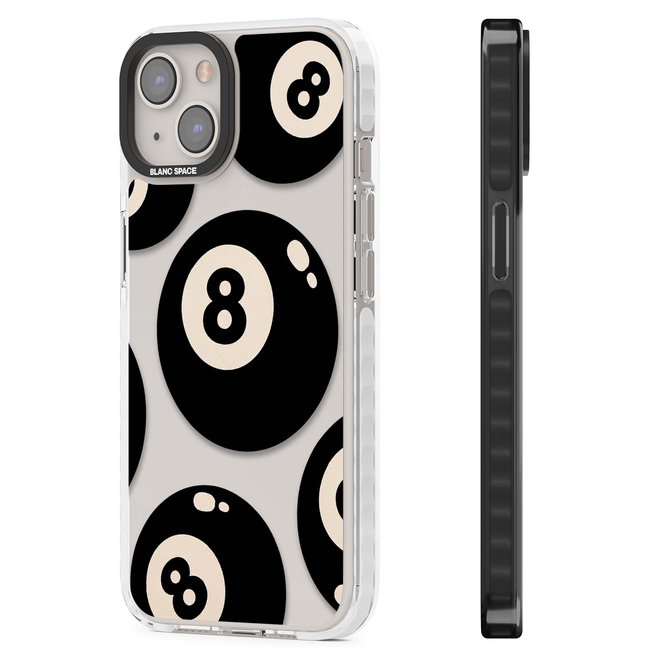 Eights y2k iPhone case featuring scattered black 8 balls with cream highlights on a clear background | Clear Impact case for iPhone 13, iPhone 14, iPhone 15