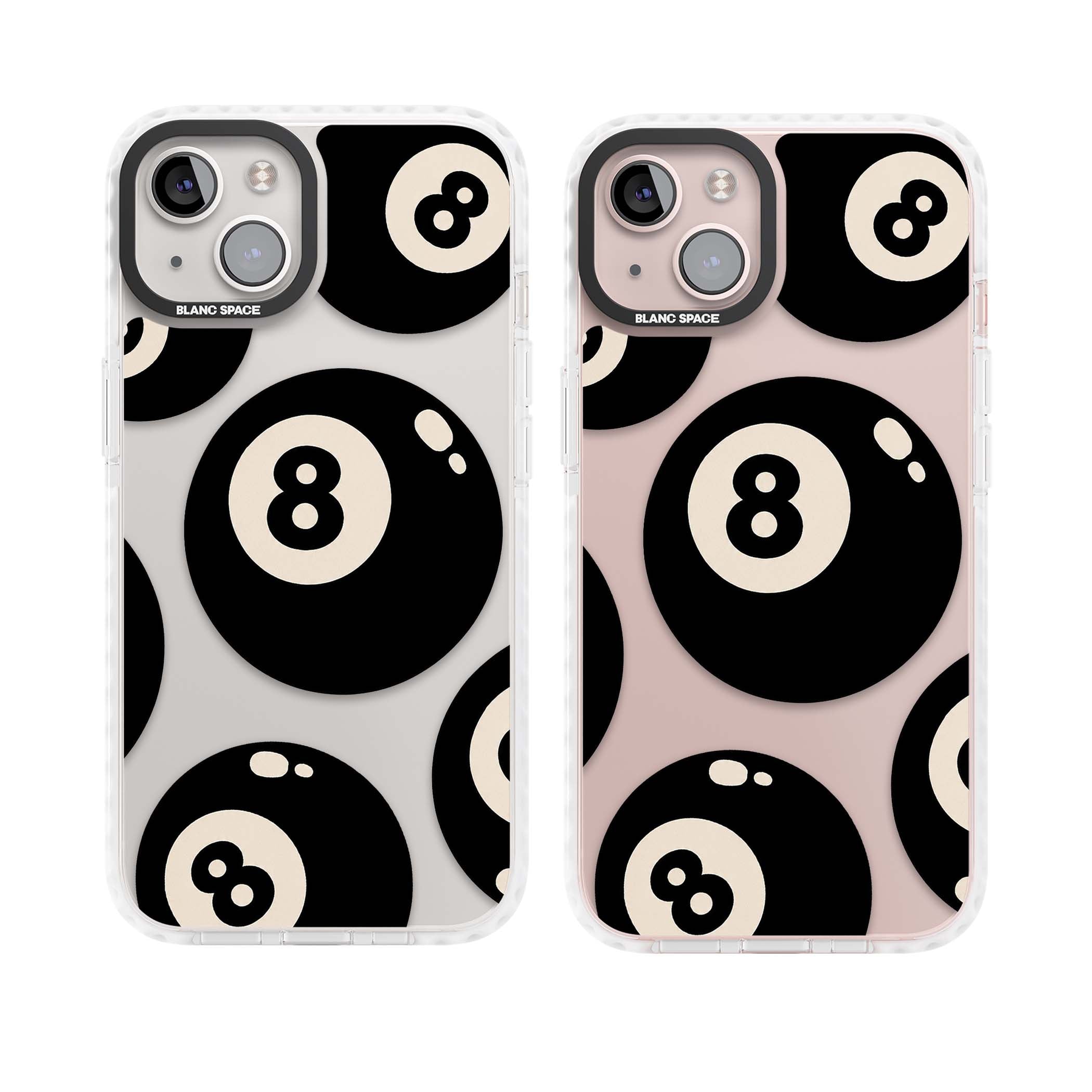 Eights y2k iPhone case featuring scattered black 8 balls with cream highlights on a clear background | Clear Impact case for iPhone 13, iPhone 14, iPhone 15