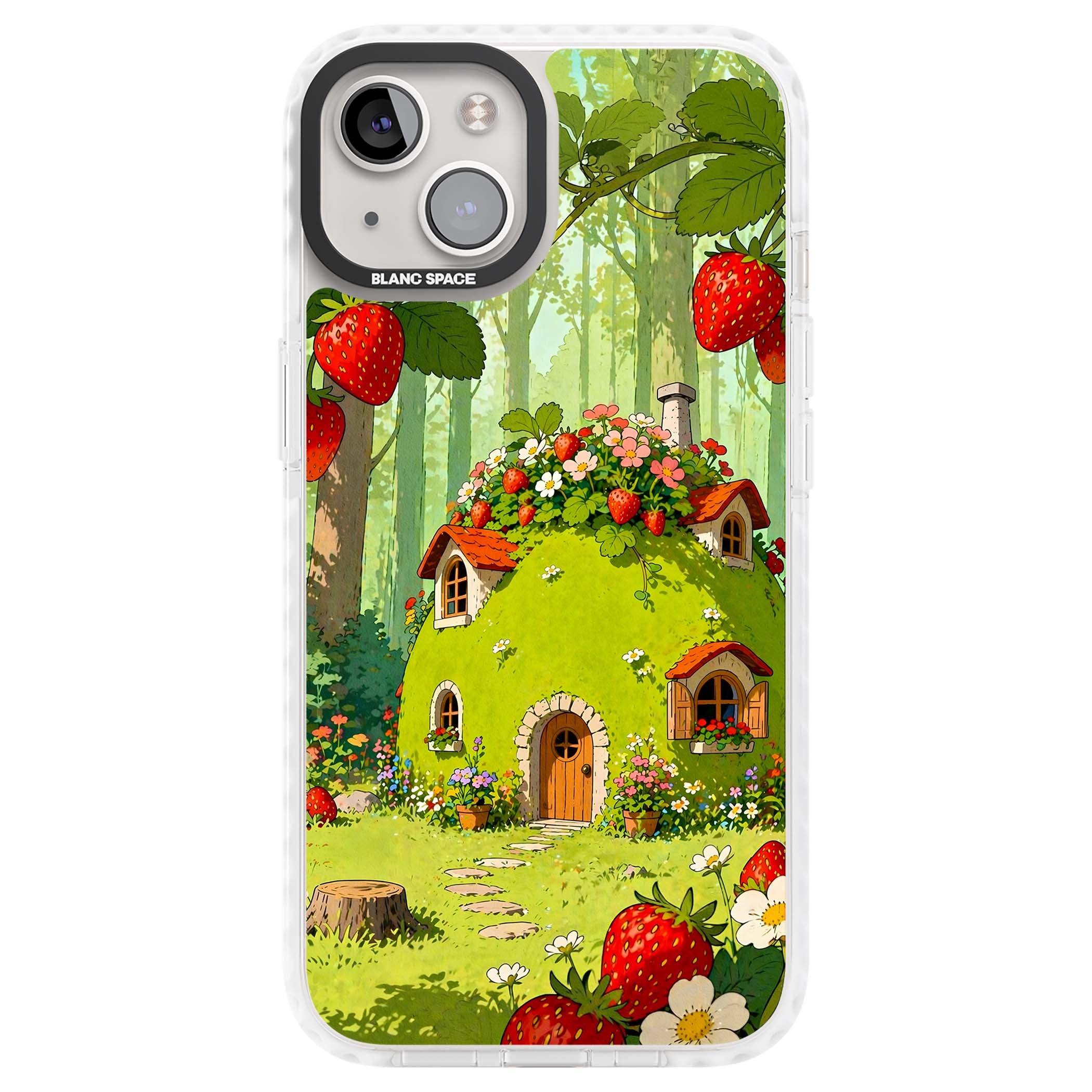 Strawberry Cottage cottagecore iPhone case featuring a green fairy house, wild strawberries and enchanted forest flowers | Clear Impact case for iPhone 13, iPhone 14, iPhone 15