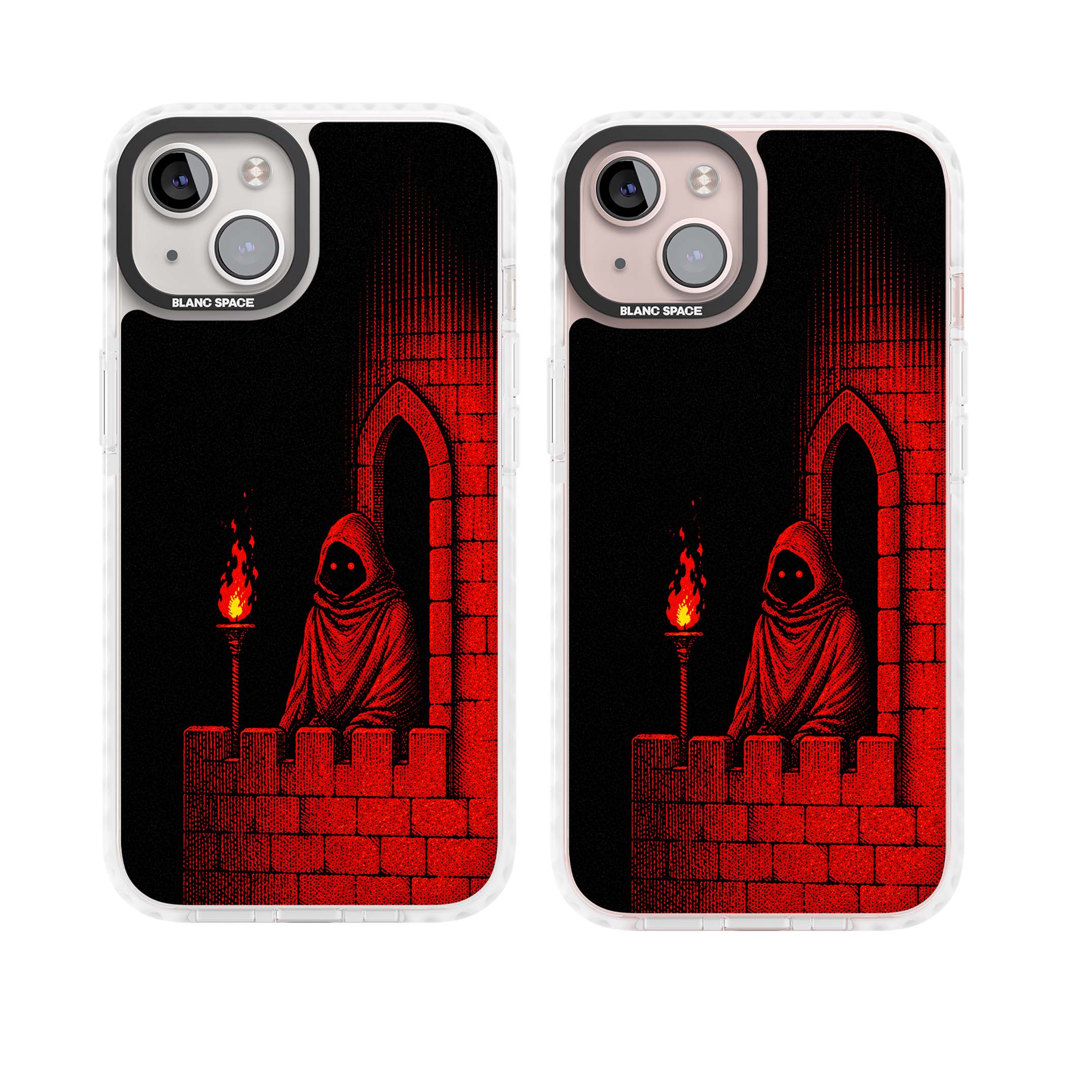 Crimson Crypt gothic iPhone case featuring a hooded reaper, torchlit crypt archway and red halftone horror art | Clear Impact case for iPhone 13, iPhone 14, iPhone 15