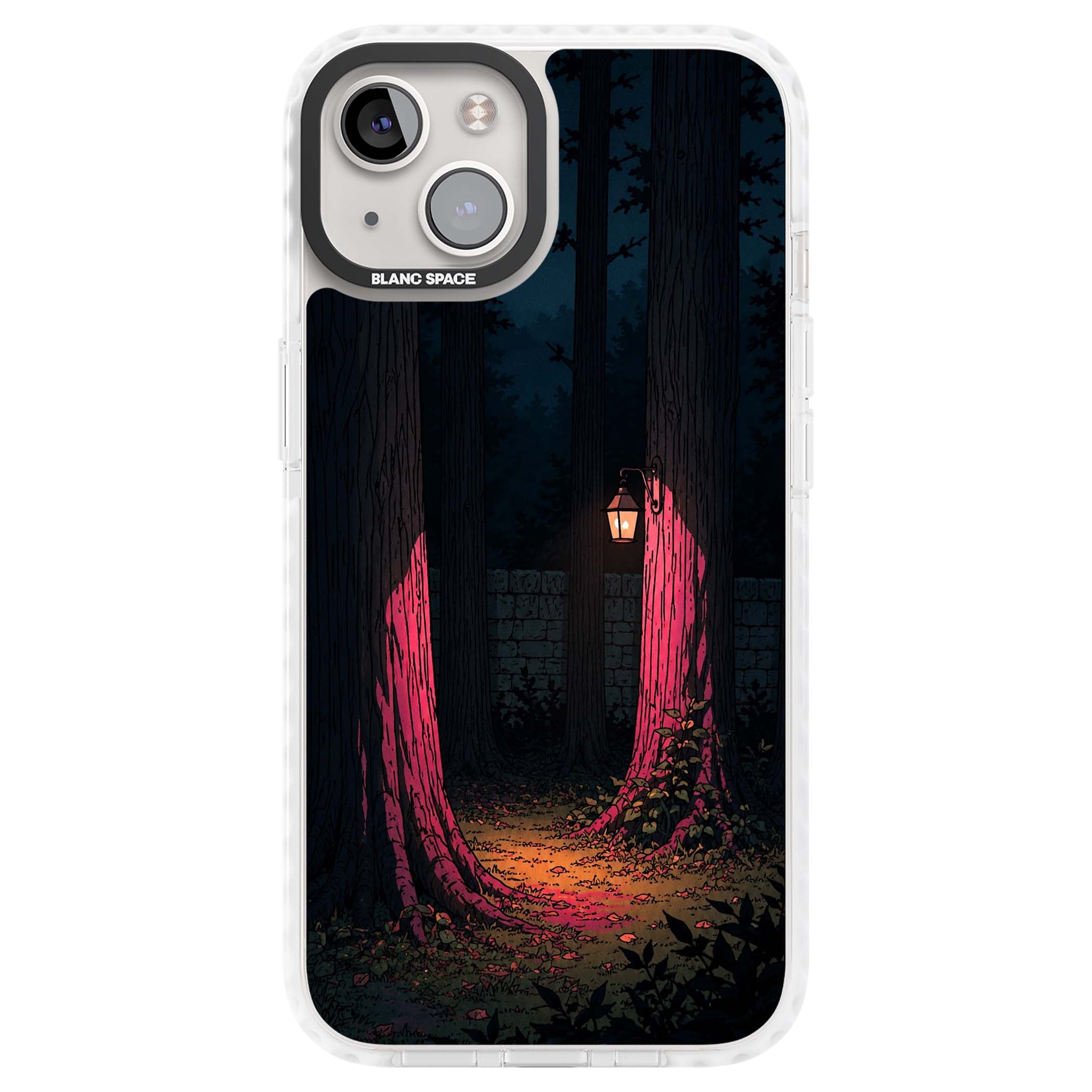 Forest Lantern dark academia iPhone case featuring a moonlit forest, glowing lantern, and stone wall pathway | Clear Impact case for iPhone 13, iPhone 14, iPhone 15