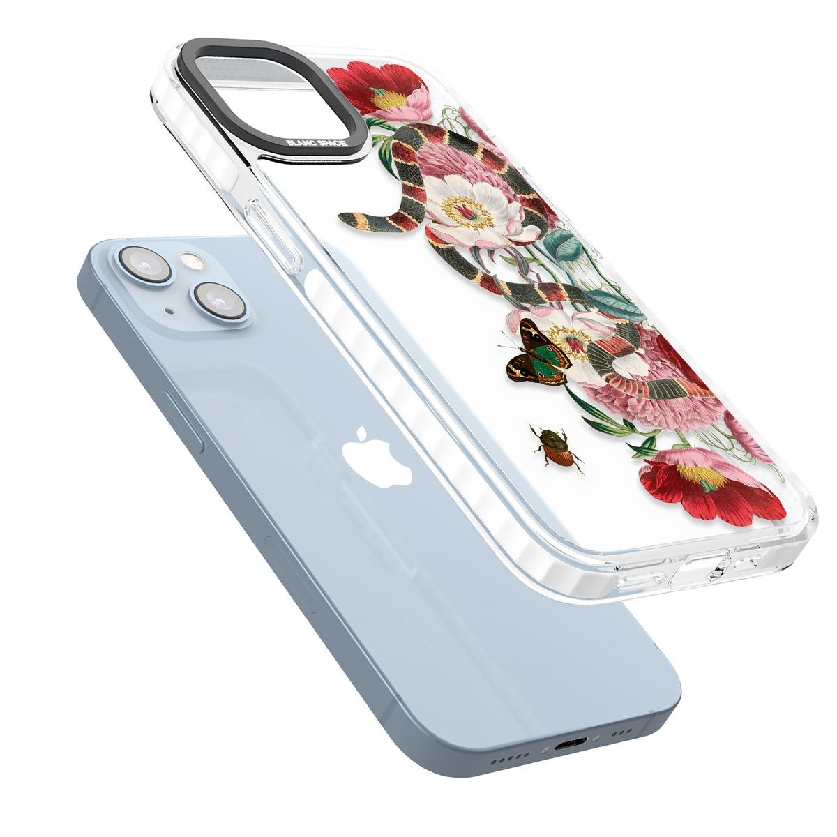 Floral Snake iPhone 12 / 12 Pro / iPhone 13 / iPhone 14 / iPhone 14 Plus / iPhone 15 / iPhone 15 Plus Impact Clear Phone Case angled