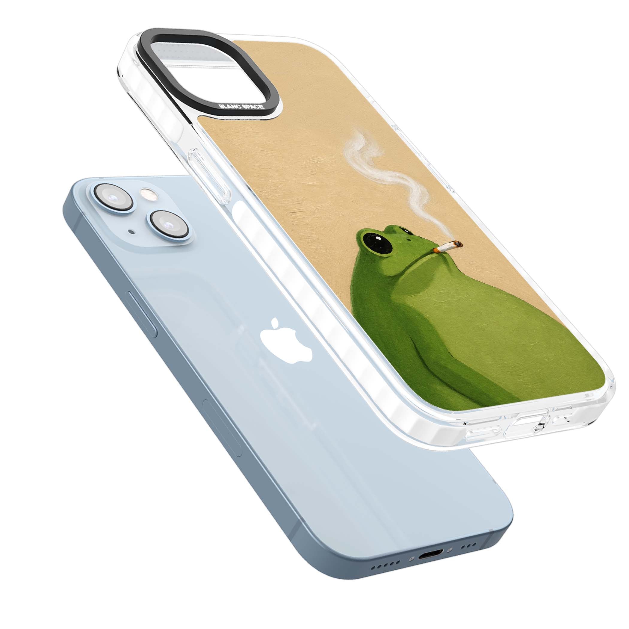 The Smoking Frog cottagecore iPhone case featuring a hand-painted green frog smoking a cigarette on a cream oil painting back | Clear Impact case for iPhone 13, iPhone 14, iPhone 15
