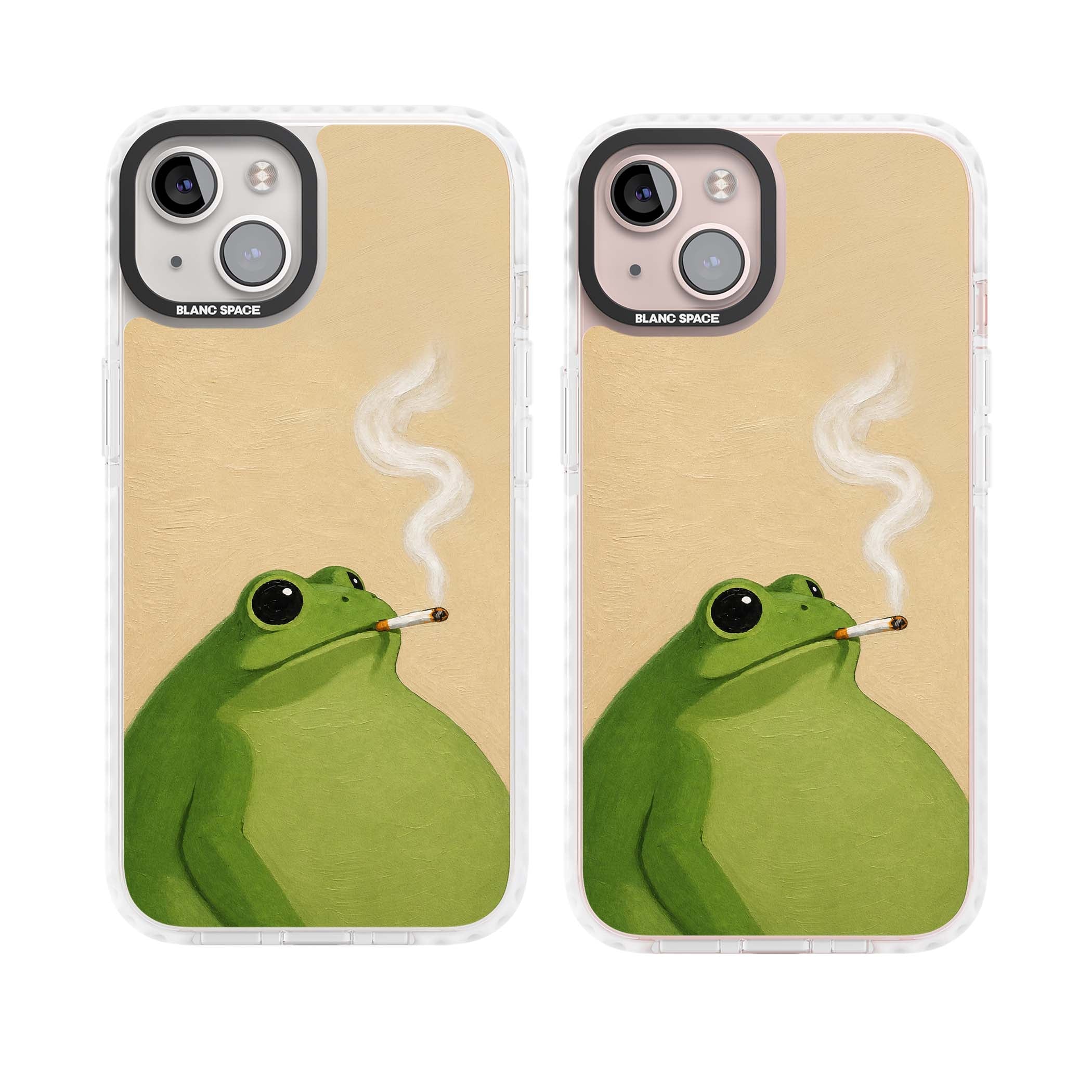 The Smoking Frog cottagecore iPhone case featuring a hand-painted green frog smoking a cigarette on a cream oil painting back | Clear Impact case for iPhone 13, iPhone 14, iPhone 15