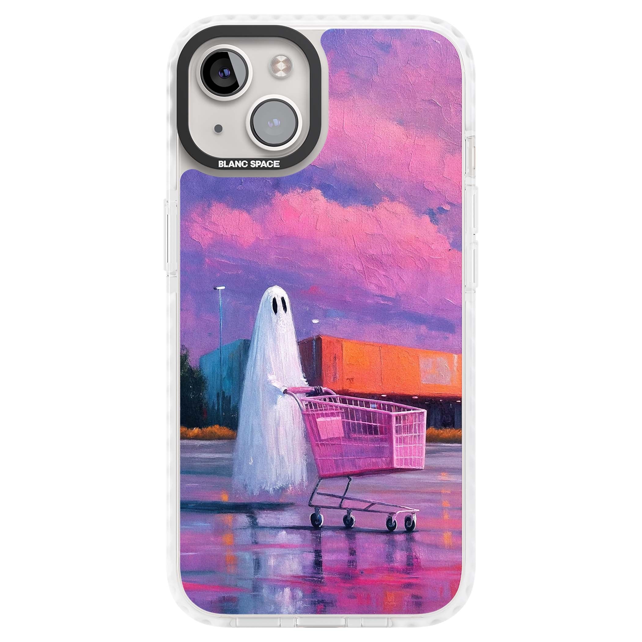 A Ghost's Errand ghost halloween iPhone case featuring a painted ghost, pink shopping trolley and purple sunset sky | Clear Impact case for iPhone 13, iPhone 14, iPhone 15
