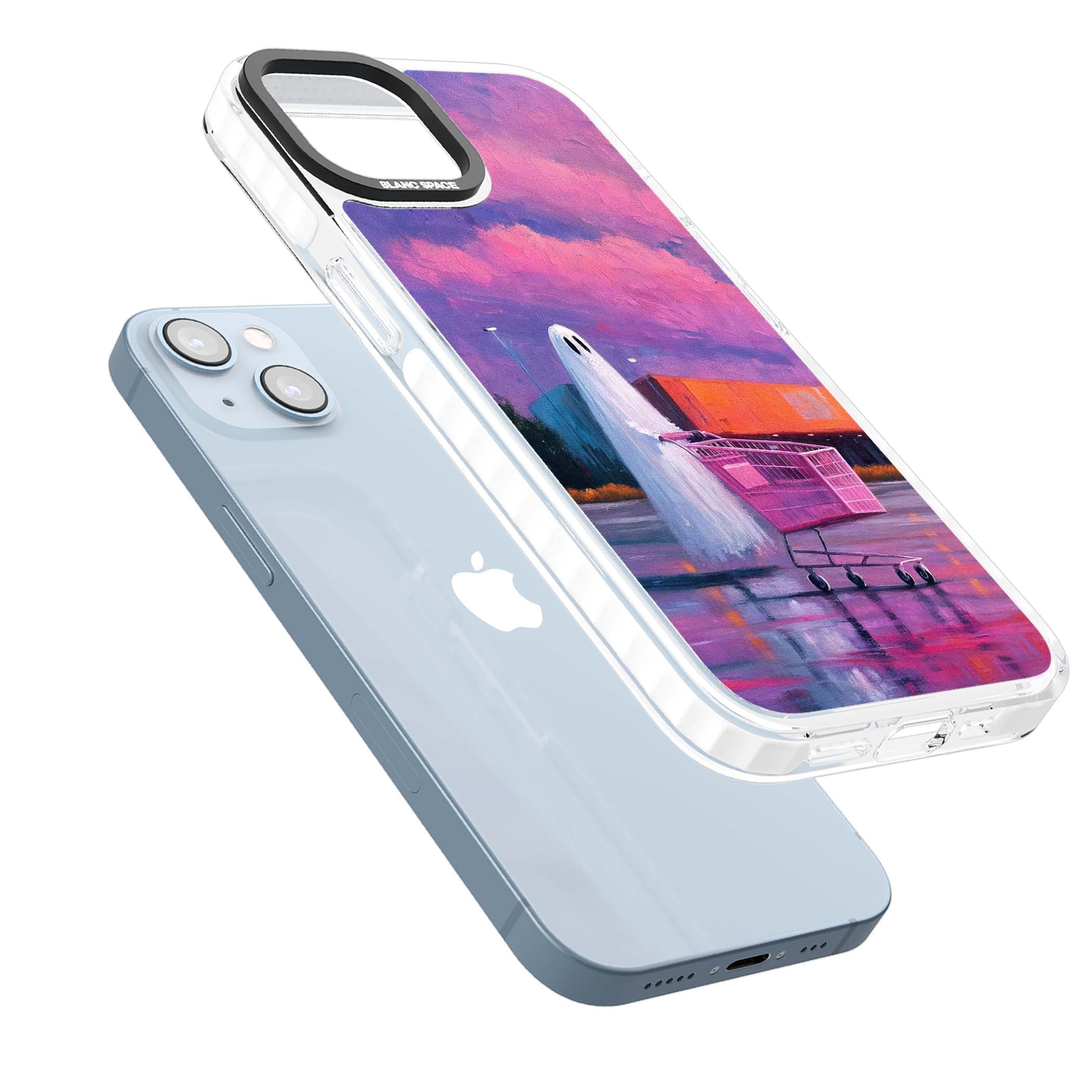 A Ghost's Errand ghost halloween iPhone case featuring a painted ghost, pink shopping trolley and purple sunset sky | Clear Impact case for iPhone 13, iPhone 14, iPhone 15