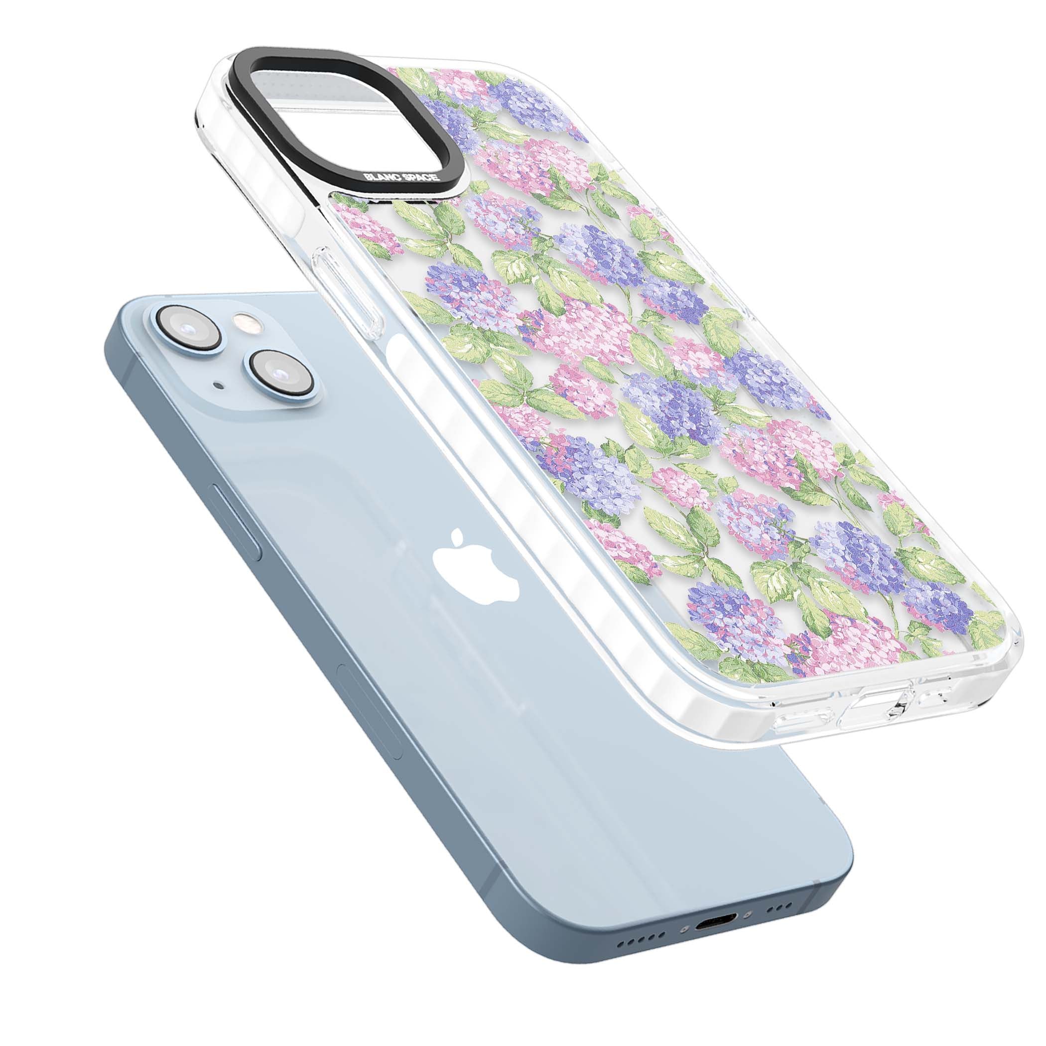 Cottage Hydrangea cottagecore iPhone case featuring pink and purple hydrangea blooms with green leaves on a clear background | Clear Impact case for iPhone 13, iPhone 14, iPhone 15
