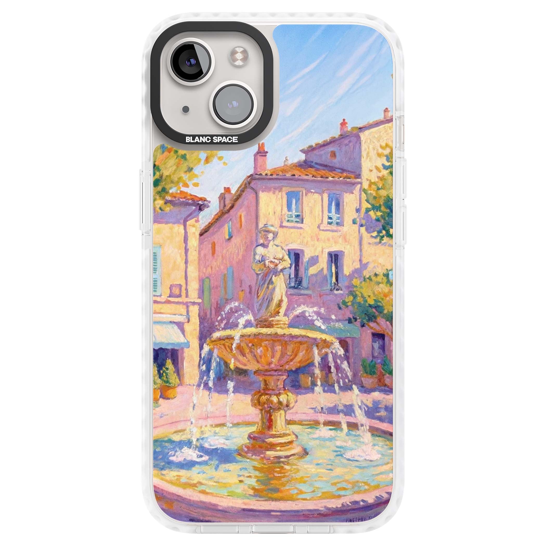 Fountain Square fine art iPhone case featuring an impressionist Provençal fountain, pastel village buildings and summe | Clear Impact case for iPhone 13, iPhone 14, iPhone 15