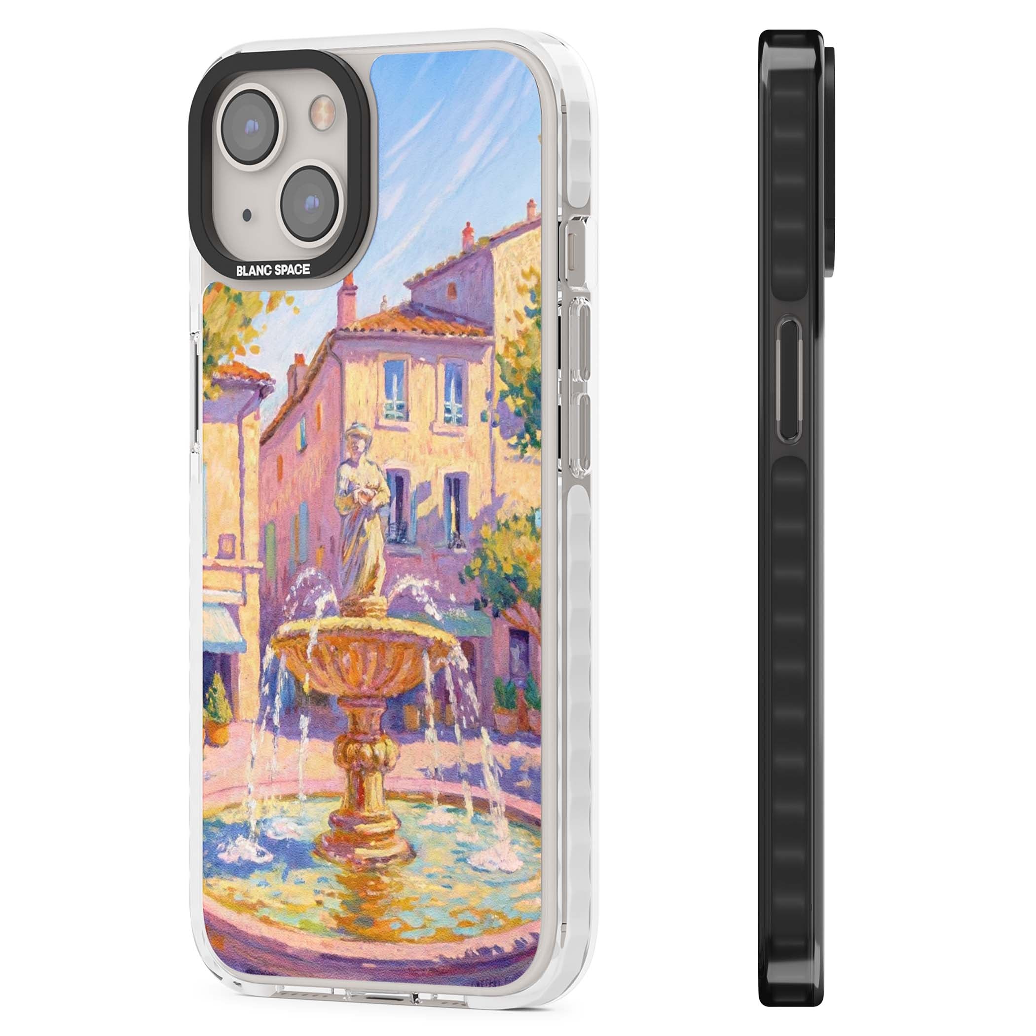 Fountain Square fine art iPhone case featuring an impressionist Provençal fountain, pastel village buildings and summe | Clear Impact case for iPhone 13, iPhone 14, iPhone 15