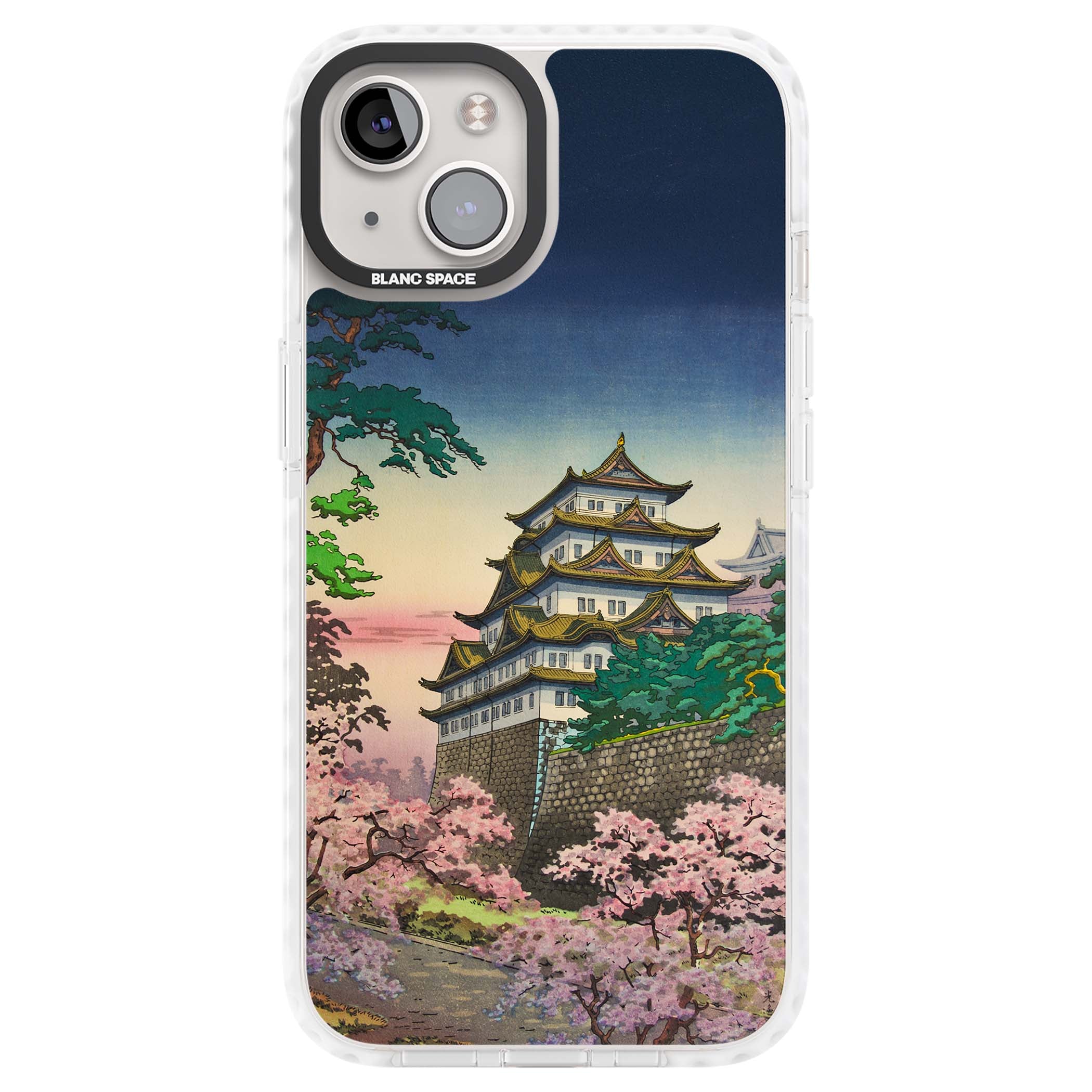 Nagoya Castle Japanese iPhone case featuring a vintage pagoda, twilight sky and cherry blossom trees | Clear Impact case for iPhone 13, iPhone 14, iPhone 15