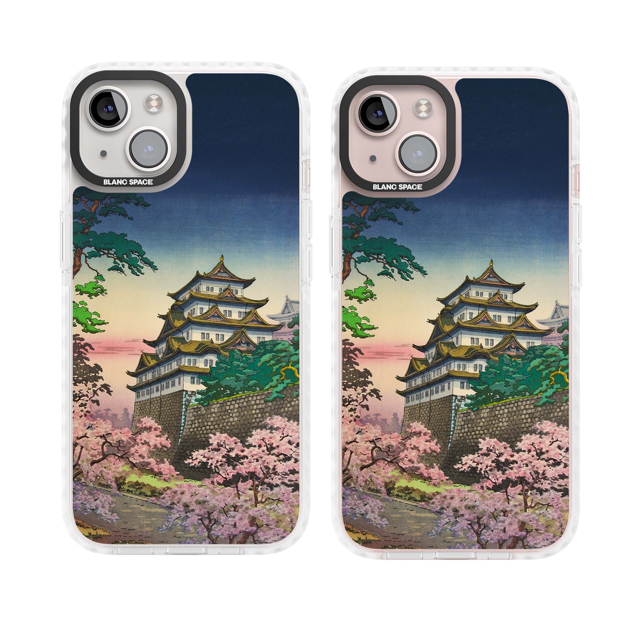 Nagoya Castle Japanese iPhone case featuring a vintage pagoda, twilight sky and cherry blossom trees | Clear Impact case for iPhone 13, iPhone 14, iPhone 15