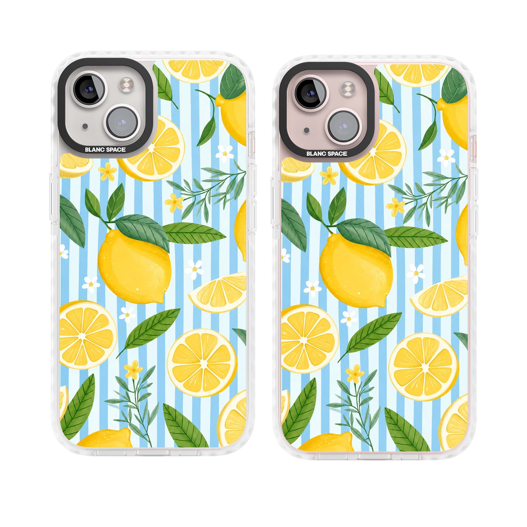 Capri Citrus Stripe coastal iPhone case featuring yellow lemons, blue stripes, and white daisy blossoms | Clear Impact case for iPhone 13, iPhone 14, iPhone 15