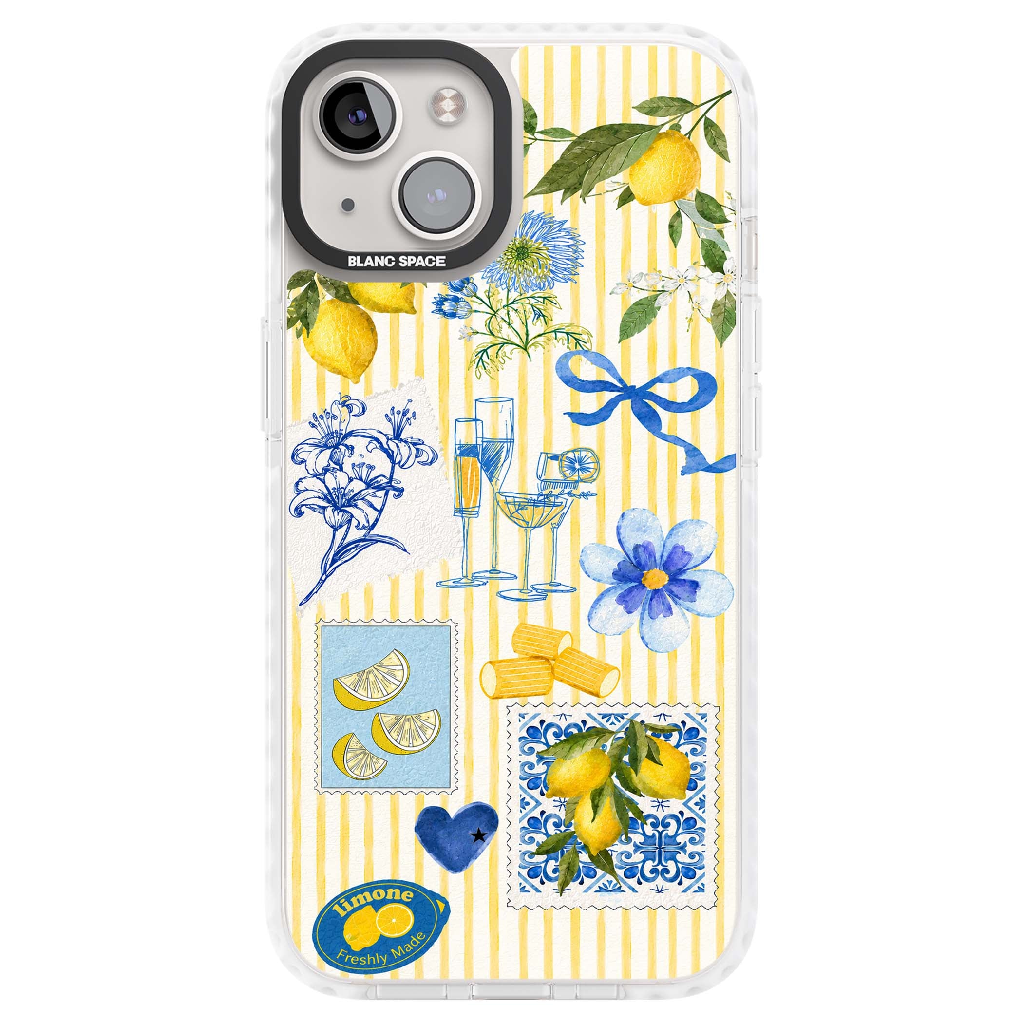 Limone Riviera Italian summer iPhone case featuring watercolour lemons, blue ribbon bows and majolica tile stamps on... | Clear Impact case for iPhone 13, iPhone 14, iPhone 15