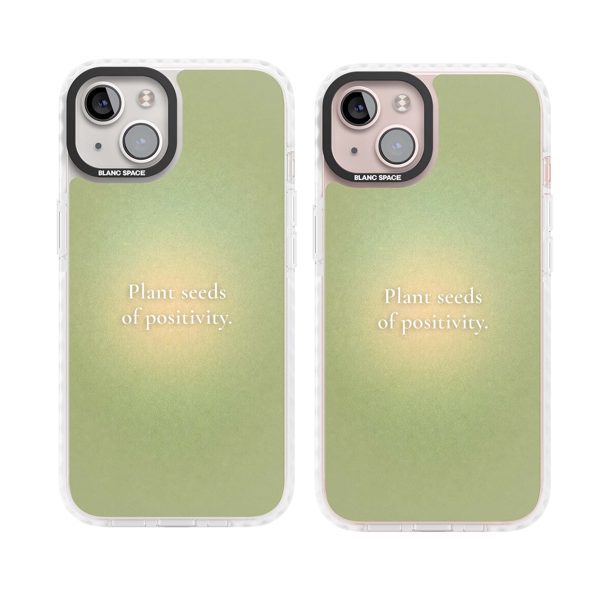 Seeds of Positivity quote iPhone case featuring a sage green aura gradient and golden glow affirmation | Impact Magsafe case for iPhone 13, iPhone 14, iPhone 15
