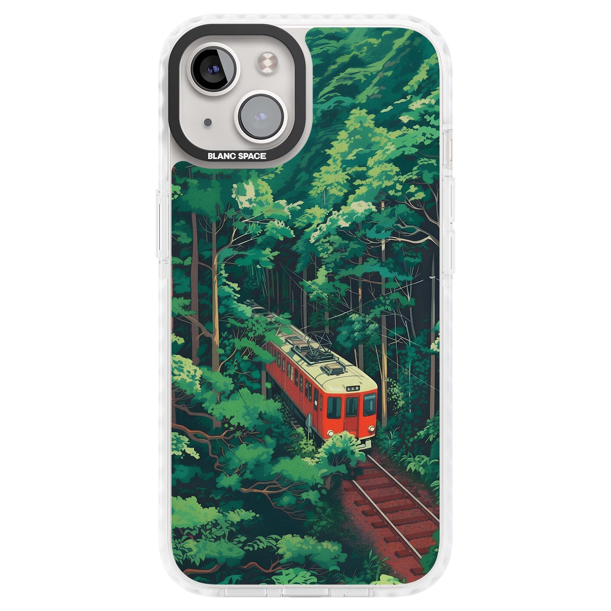 Railway In Toyama Japanese iPhone case featuring a red train, cedar forest and winding mountain railway tracks | Impact Magsafe case for iPhone 13, iPhone 14, iPhone 15