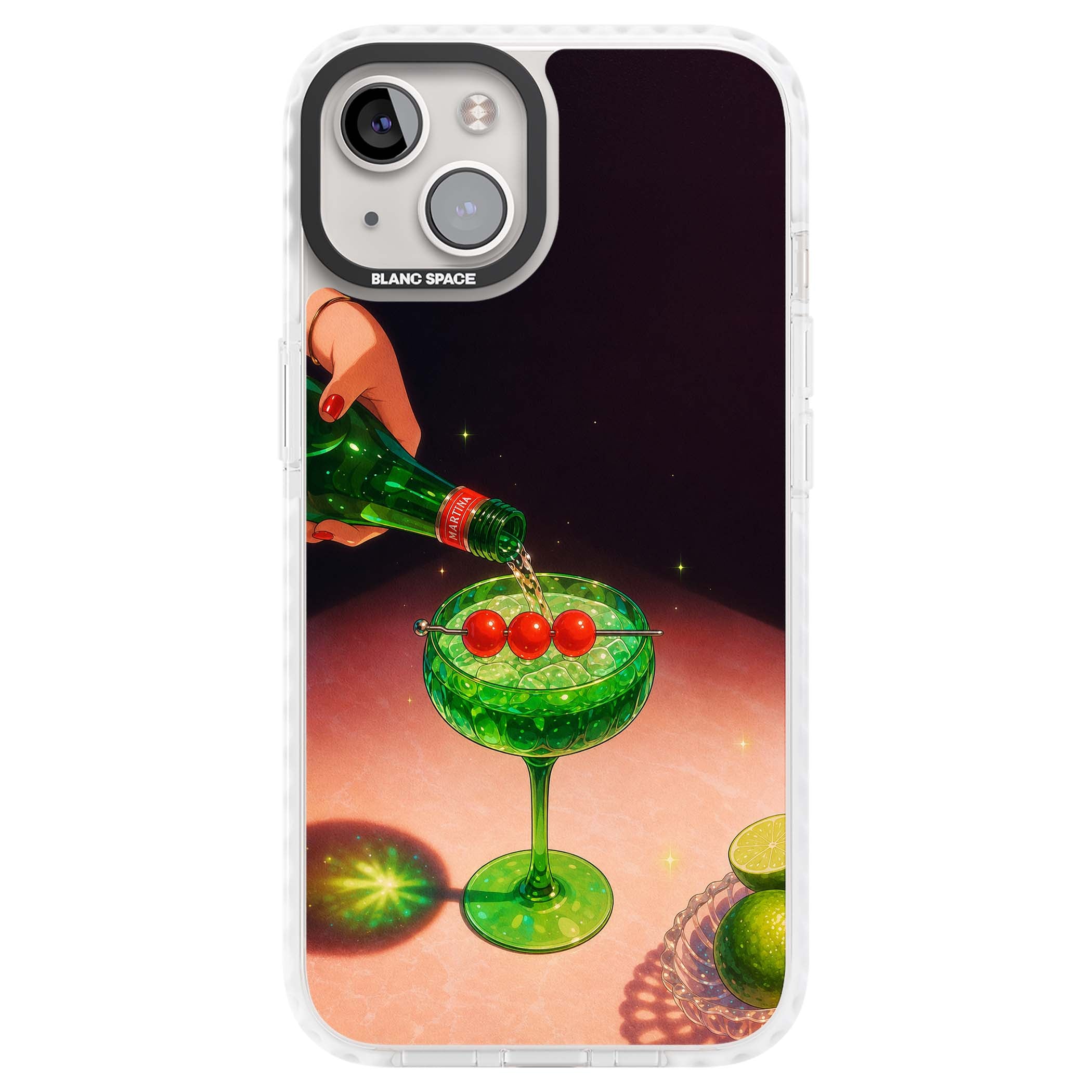 Absinthe Hour cocktail iPhone case featuring a green coupe glass, cherry garnish and vintage bottle pour illustration | Impact Magsafe case for iPhone 13, iPhone 14, iPhone 15