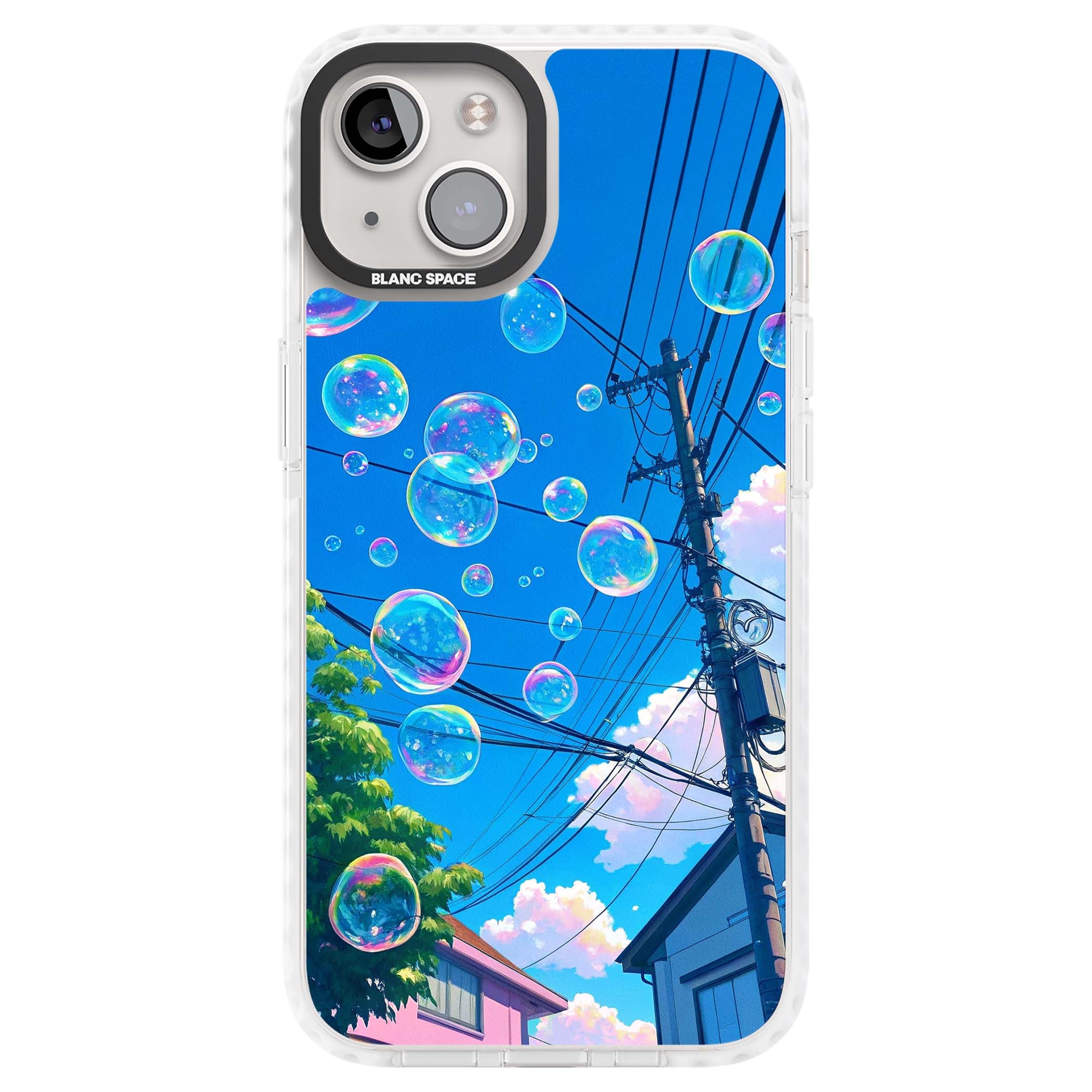 Suburban Bubbles anime iPhone case featuring iridescent soap bubbles, blue sky and Japanese telephone wires | Impact Magsafe case for iPhone 13, iPhone 14, iPhone 15