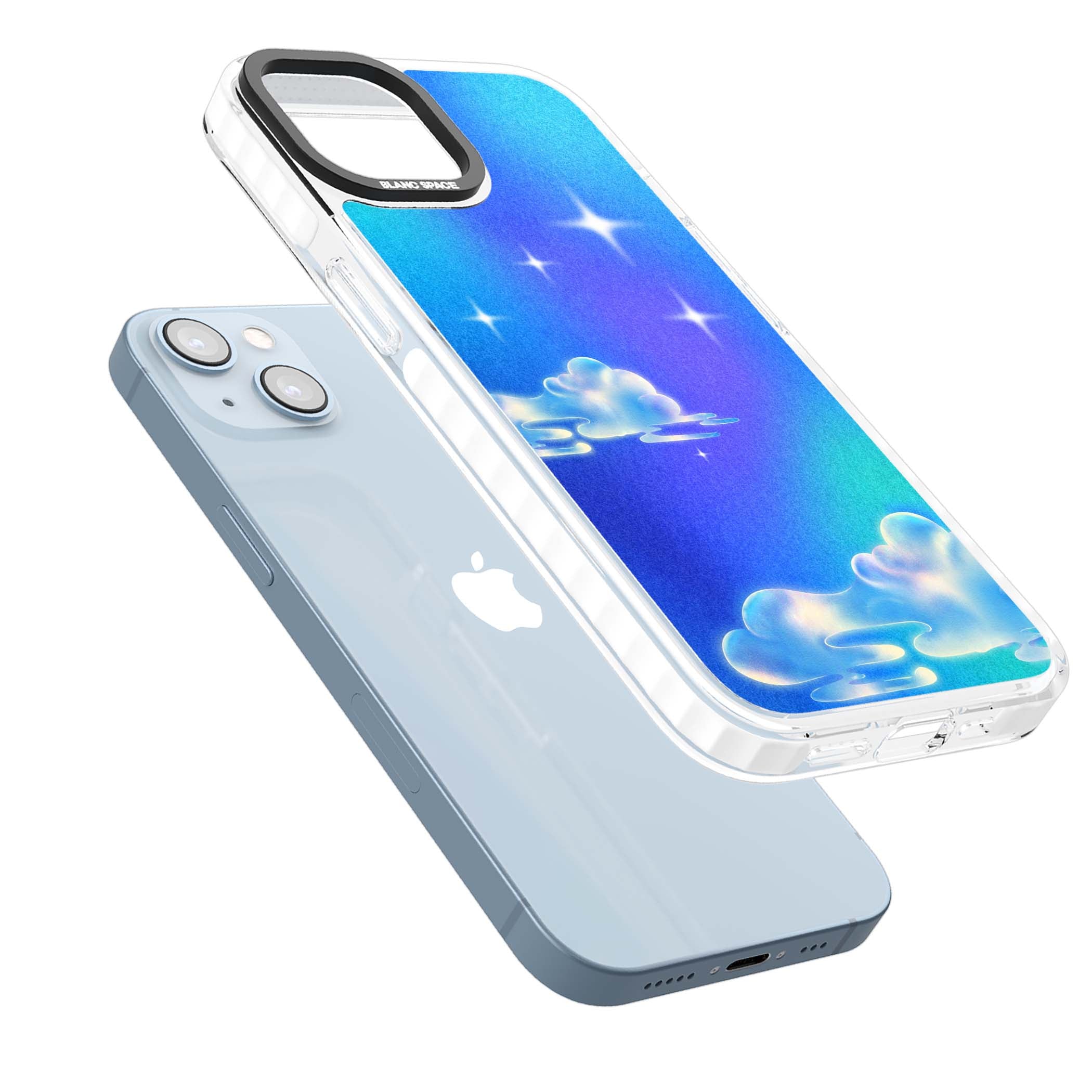 Aurora celestial iPhone case featuring dreamy iridescent clouds, sparkling stars and pastel blue purple sky | Impact Magsafe case for iPhone 13, iPhone 14, iPhone 15