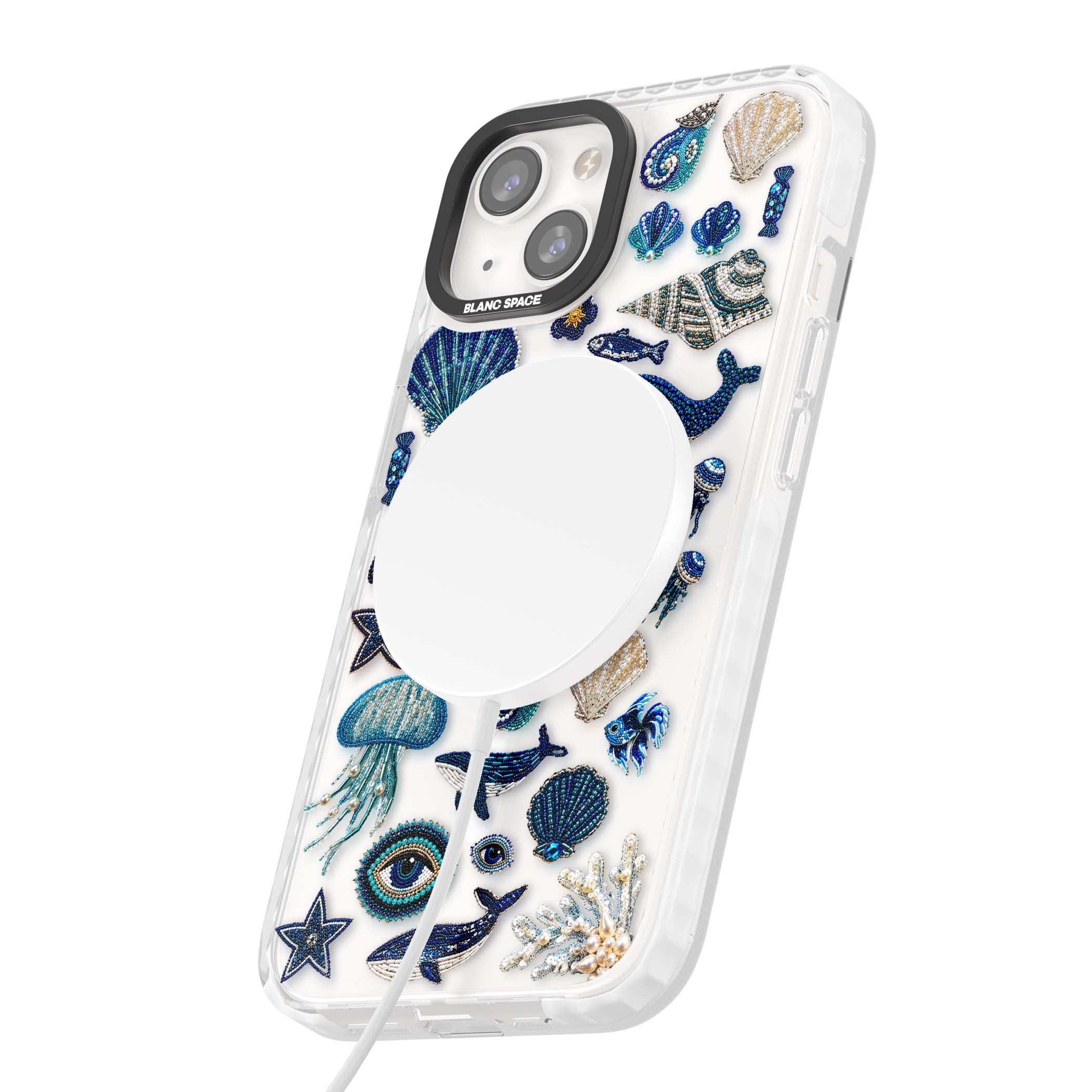 Beaded Coastal coastal iPhone case featuring embroidered seashells, jellyfish and a blue whale on clear | Impact Magsafe case for iPhone 13, iPhone 14, iPhone 15