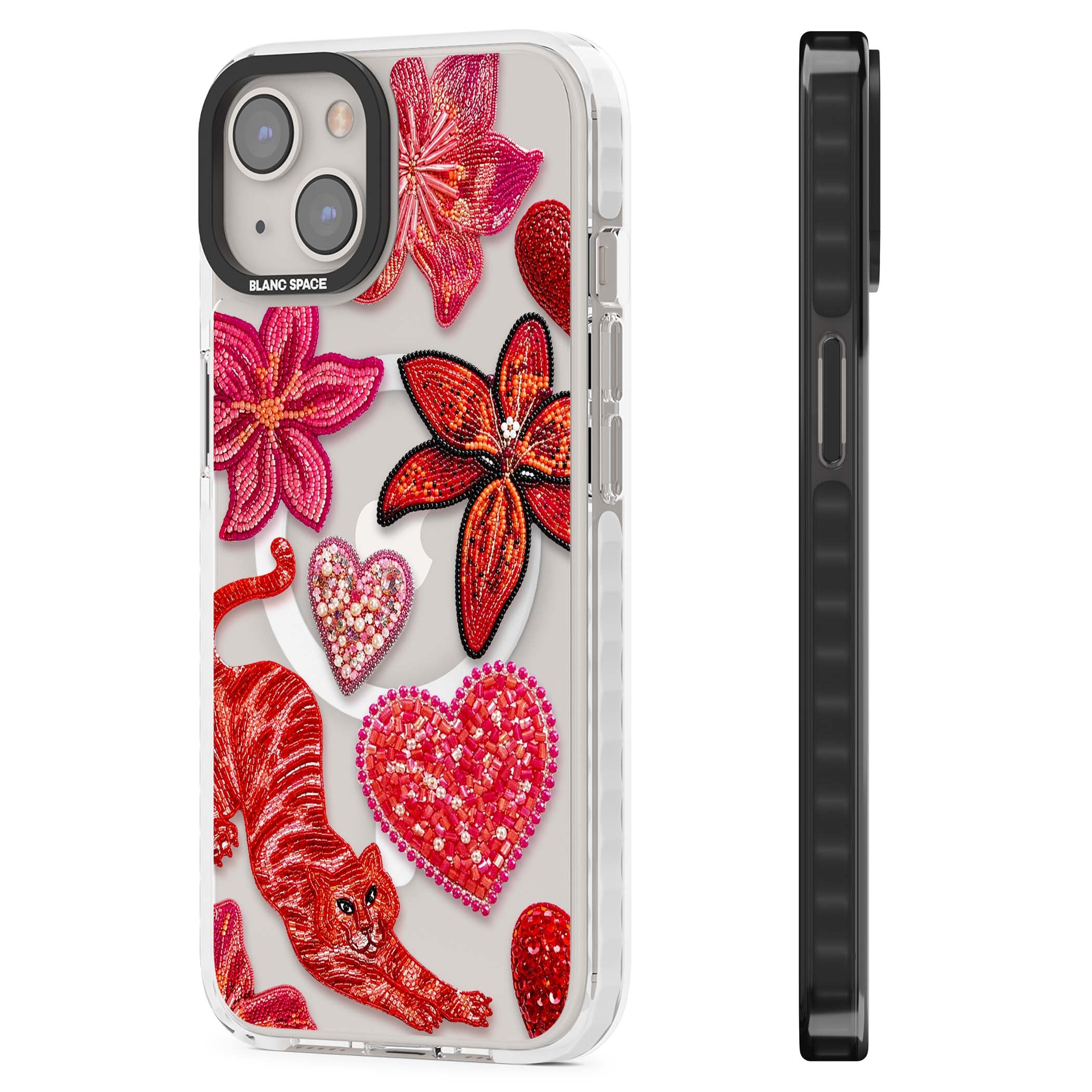 Beaded Boho floral iPhone case featuring beaded red lilies, a stitched tiger, and pearl-encrusted hearts on clear | Impact Magsafe case for iPhone 13, iPhone 14, iPhone 15