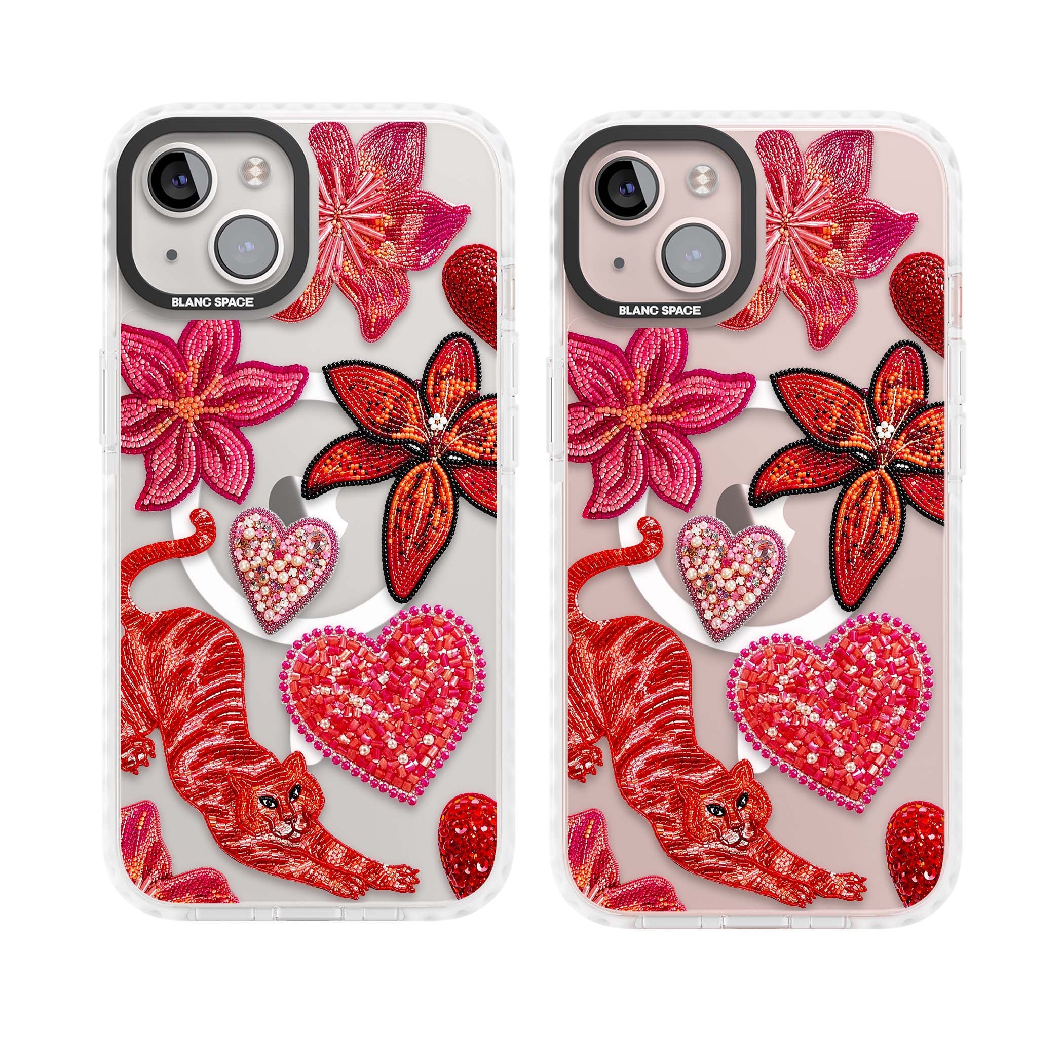 Beaded Boho floral iPhone case featuring beaded red lilies, a stitched tiger, and pearl-encrusted hearts on clear | Impact Magsafe case for iPhone 13, iPhone 14, iPhone 15